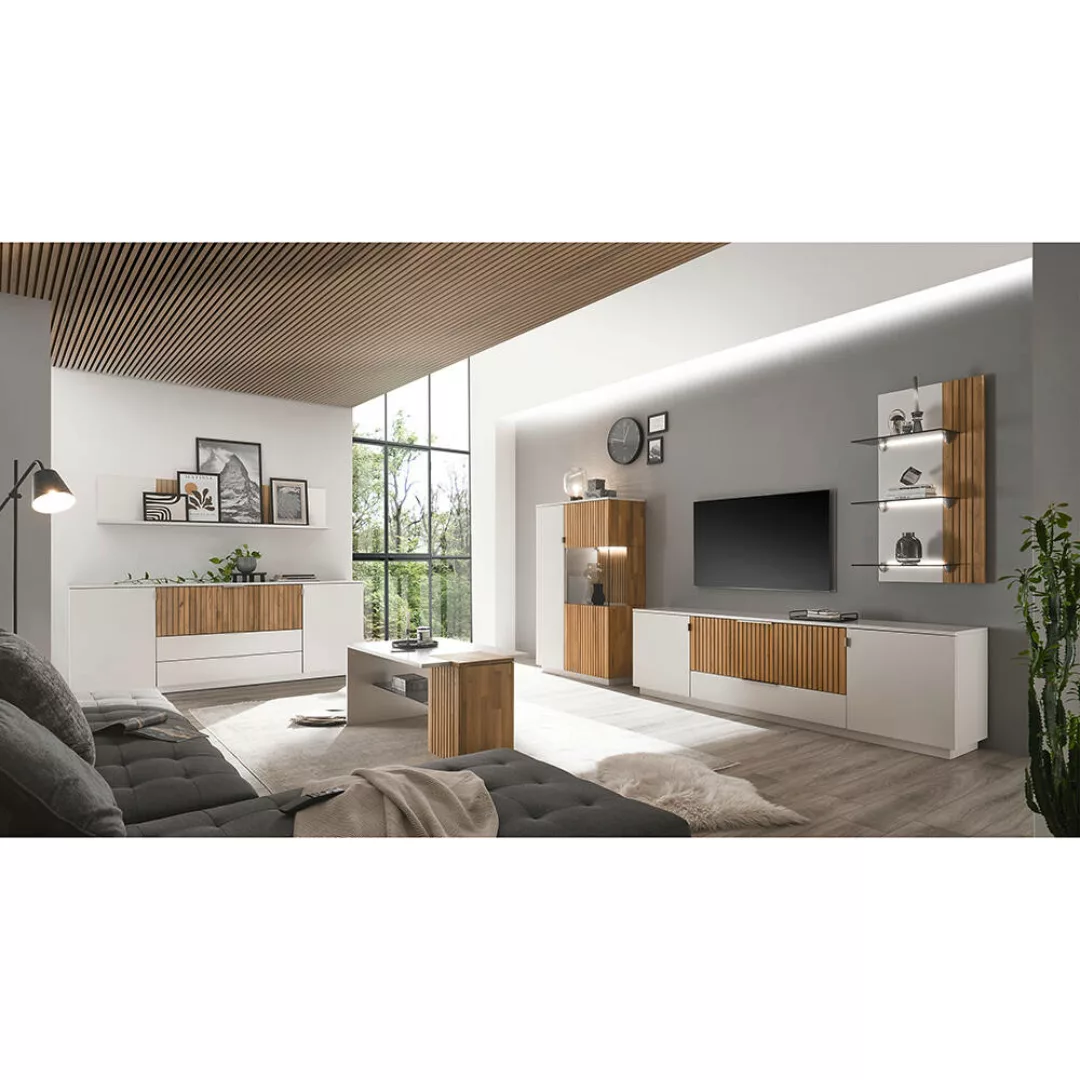 Wohnzimmermöbel Wohnwand 6-teilig, Beleuchtung LUCERA-52 weiß Eiche massiv günstig online kaufen
