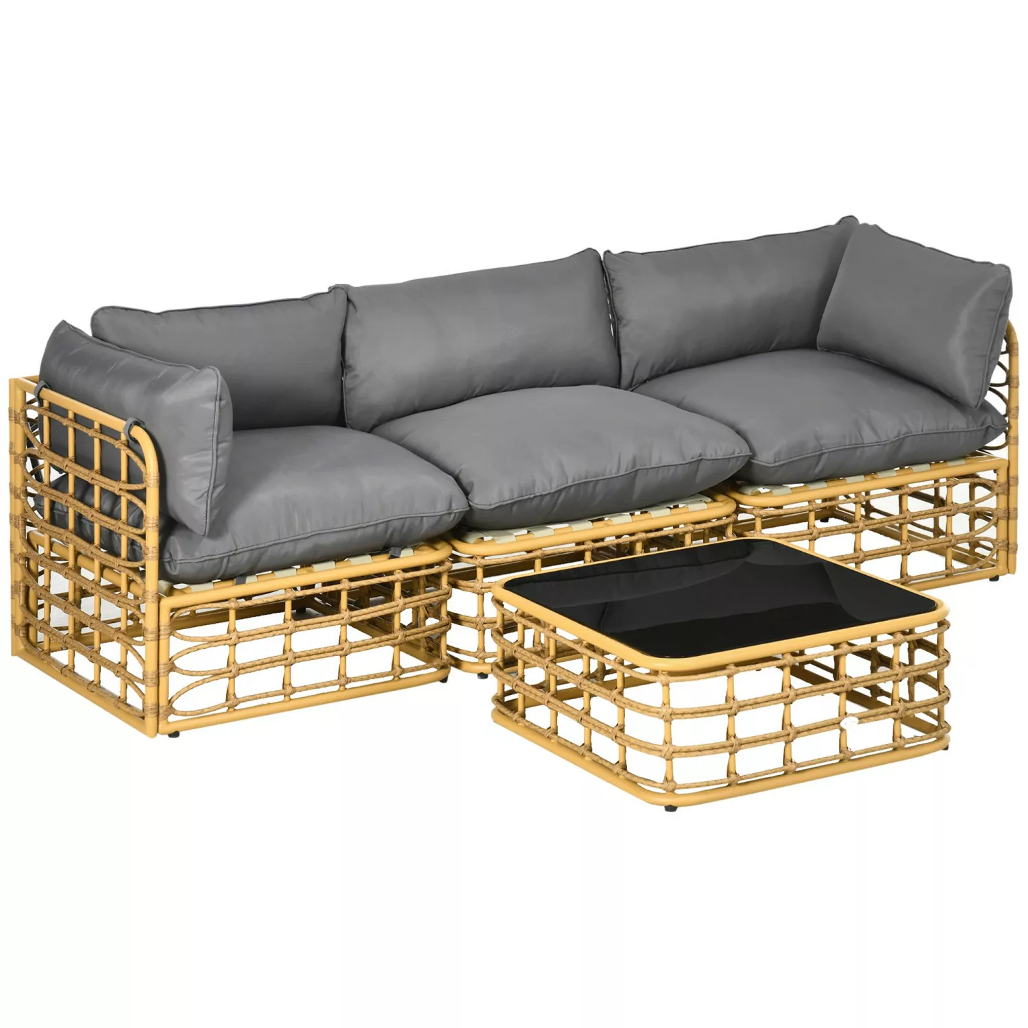 Outsunny 4 tlg Rattan Gartenmöbel-Set Sitzgruppe mit 3 Sofas Hocker Beistel günstig online kaufen