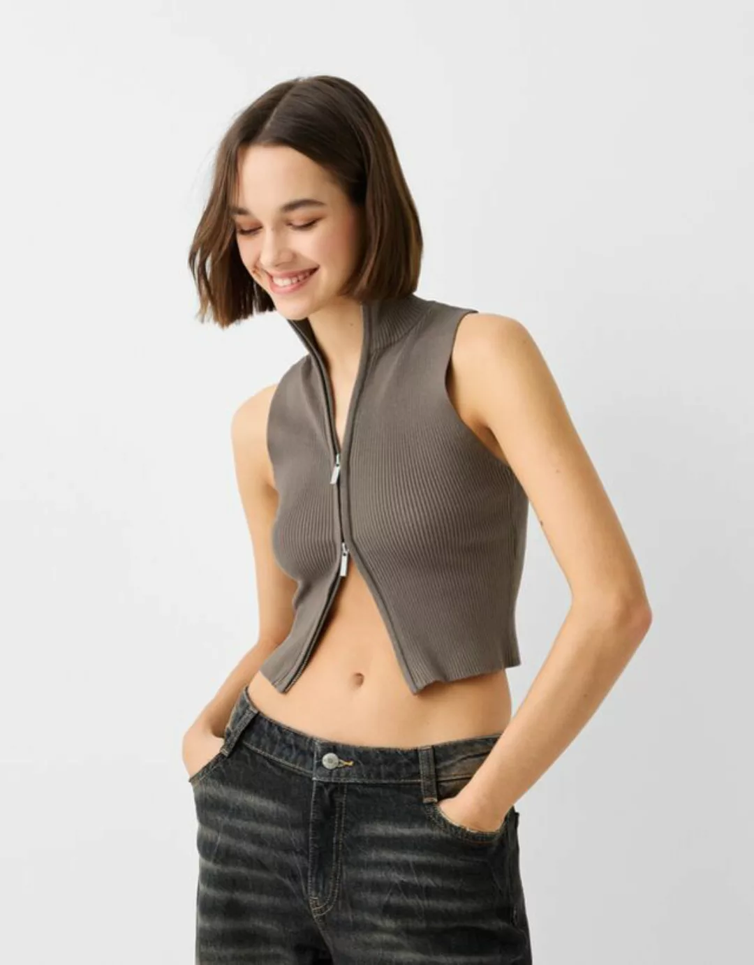 Bershka Top Mit Reißverschluss Und Stehkragen Damen Xs Khaki günstig online kaufen