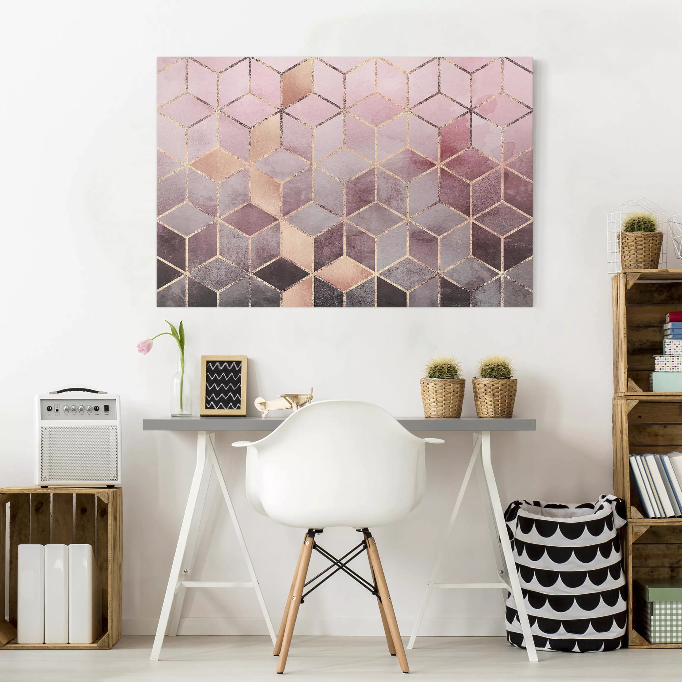 Leinwandbild Abstrakt - Querformat Rosa Grau goldene Geometrie günstig online kaufen