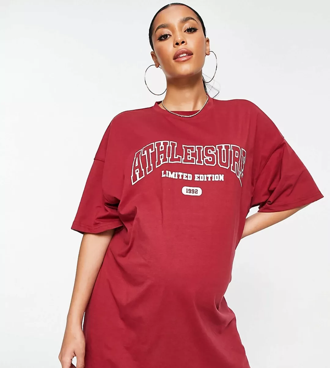 Missguided Maternity – T-Shirt-Kleid in Burgunder mit Athleisure-Grafik-Rot günstig online kaufen