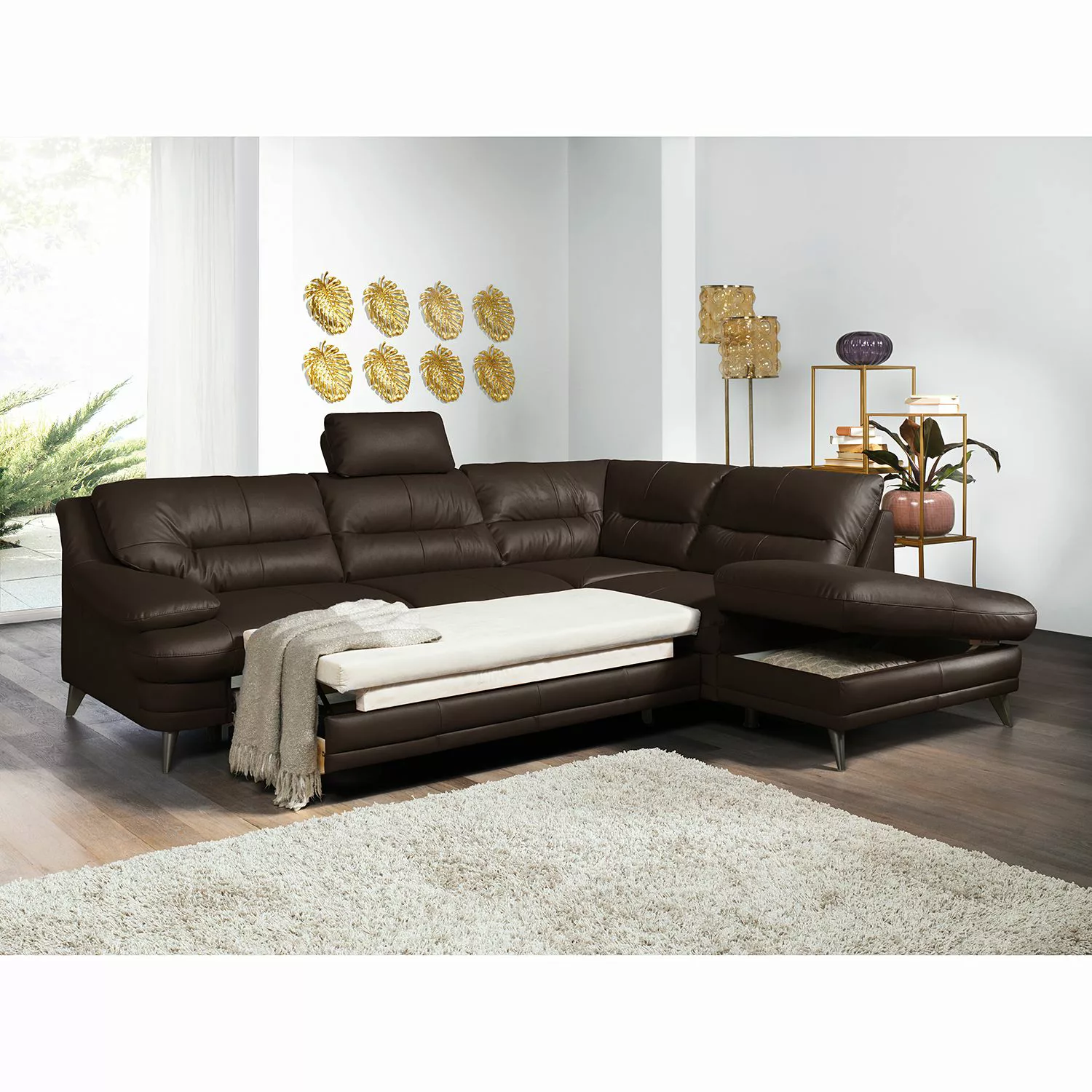 home24 Fredriks Ecksofa Lutz II Dunkelbraun Echtleder 263x87x224 cm mit Sch günstig online kaufen