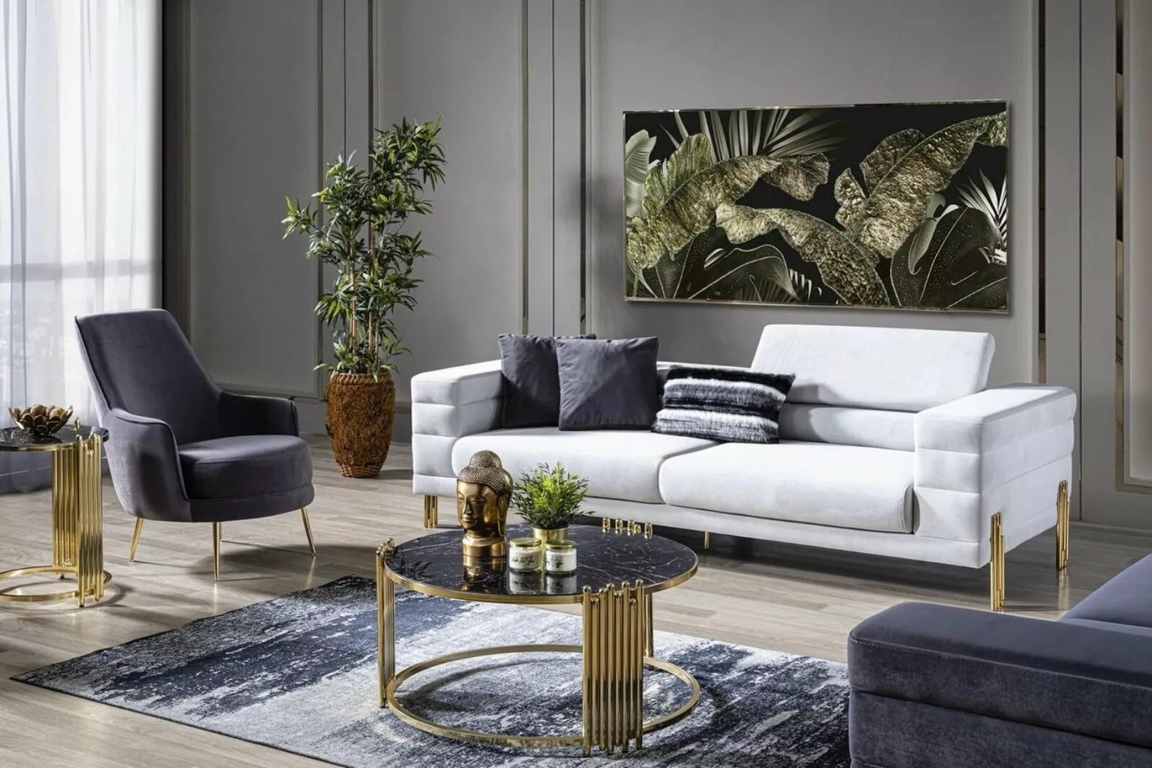 JVmoebel Sofa Luxus Sofagarnitur Sofa 4 Sitzer Sessel Stoff Modern Weiß Mod günstig online kaufen