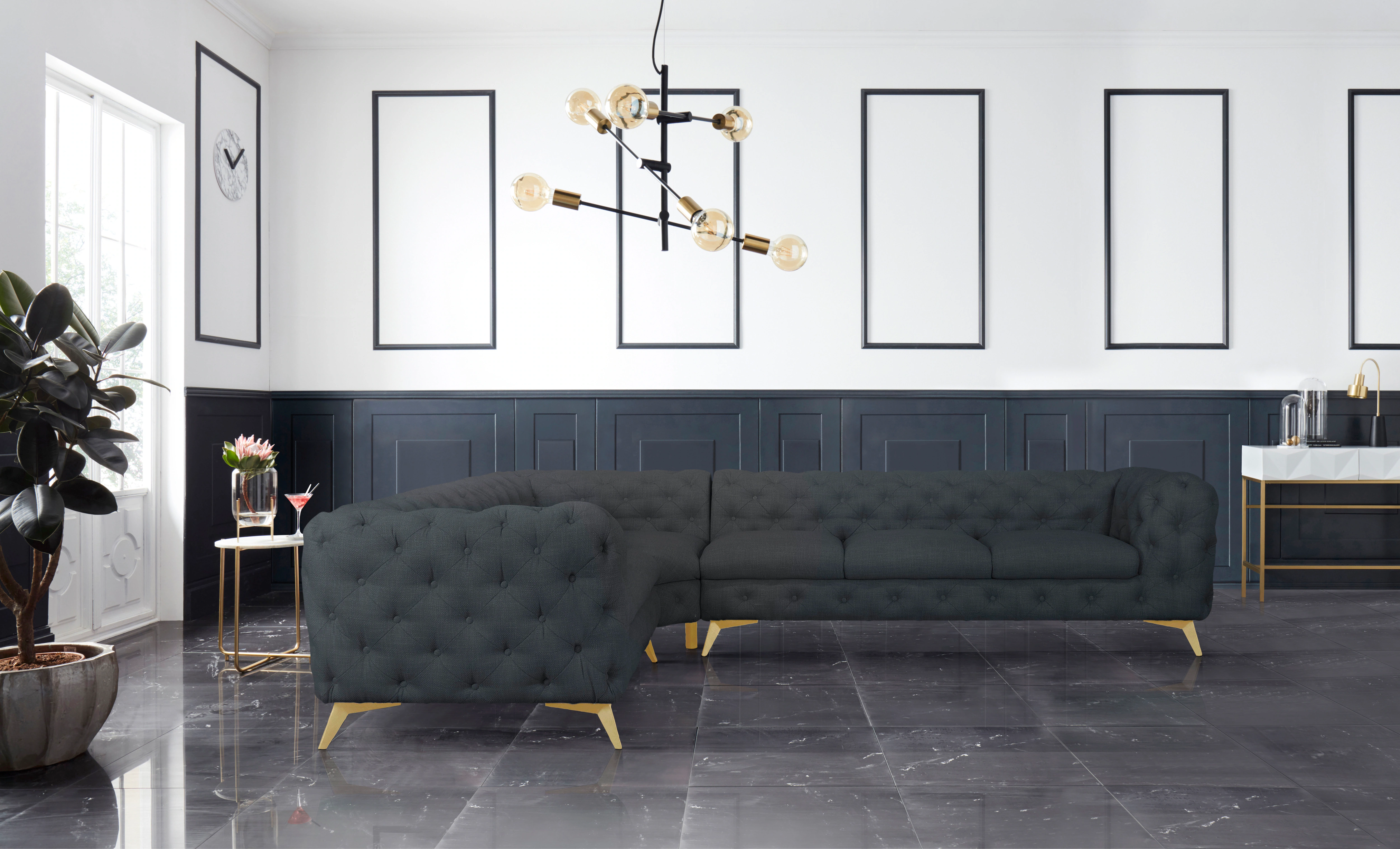 Leonique Chesterfield-Sofa "Ecksofa GLYNIS L-Form mit Wellenunterfederung, günstig online kaufen