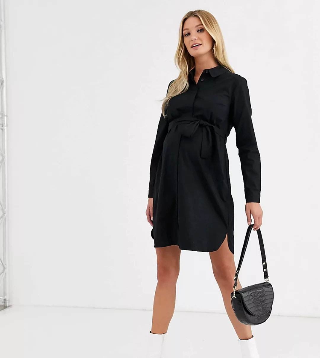 ASOS DESIGN Maternity – Schwarzes Mini-Hemdkleid aus Baumwolle mit Bindegür günstig online kaufen
