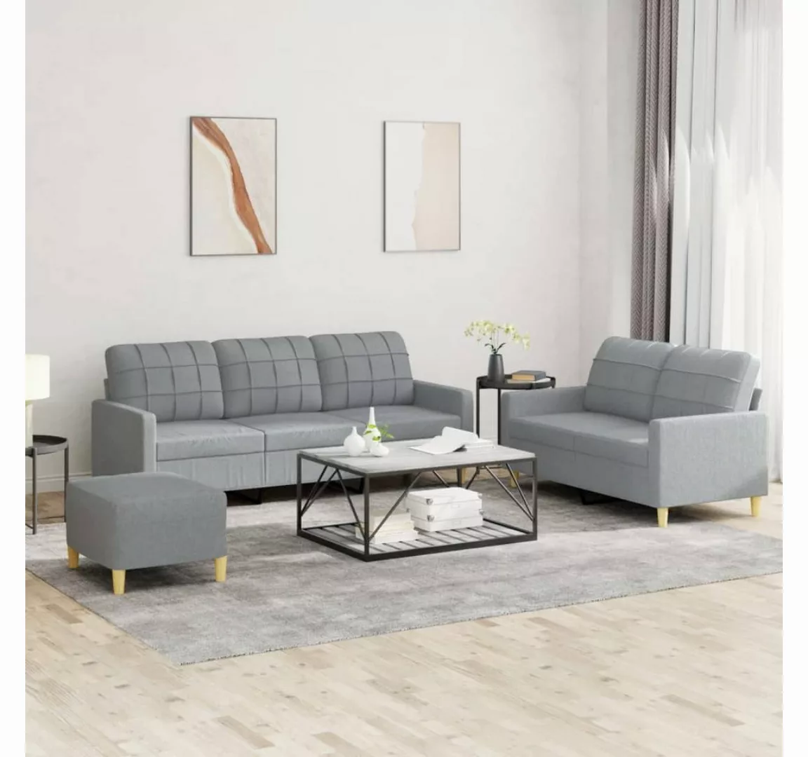 vidaXL Sofa Sofagarnitur mit Kissen Stoff, Standard + Fußhocker, Hellgrau günstig online kaufen