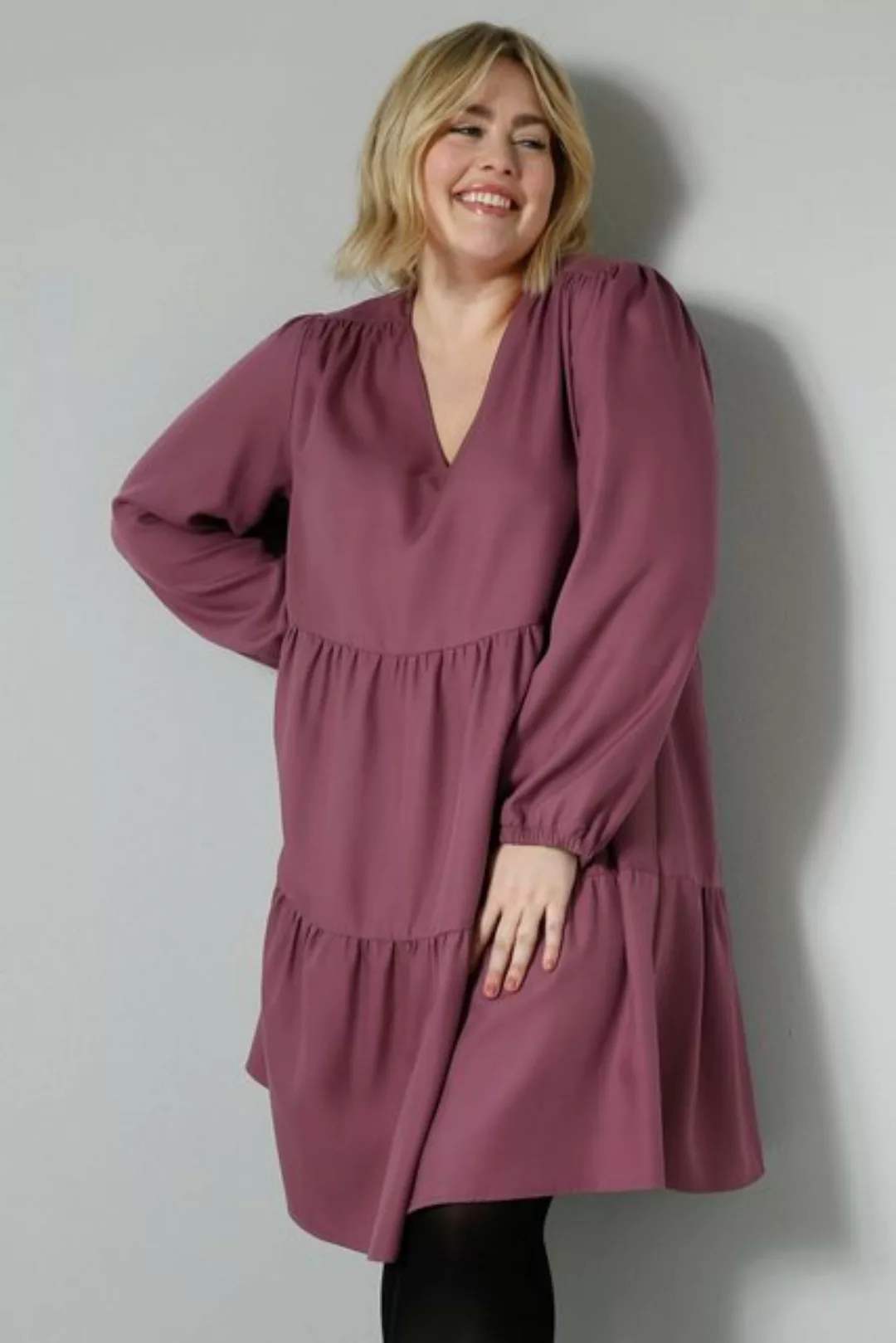Sara Lindholm Sommerkleid Kleid V-Ausschnitt Langarm breite Volants günstig online kaufen