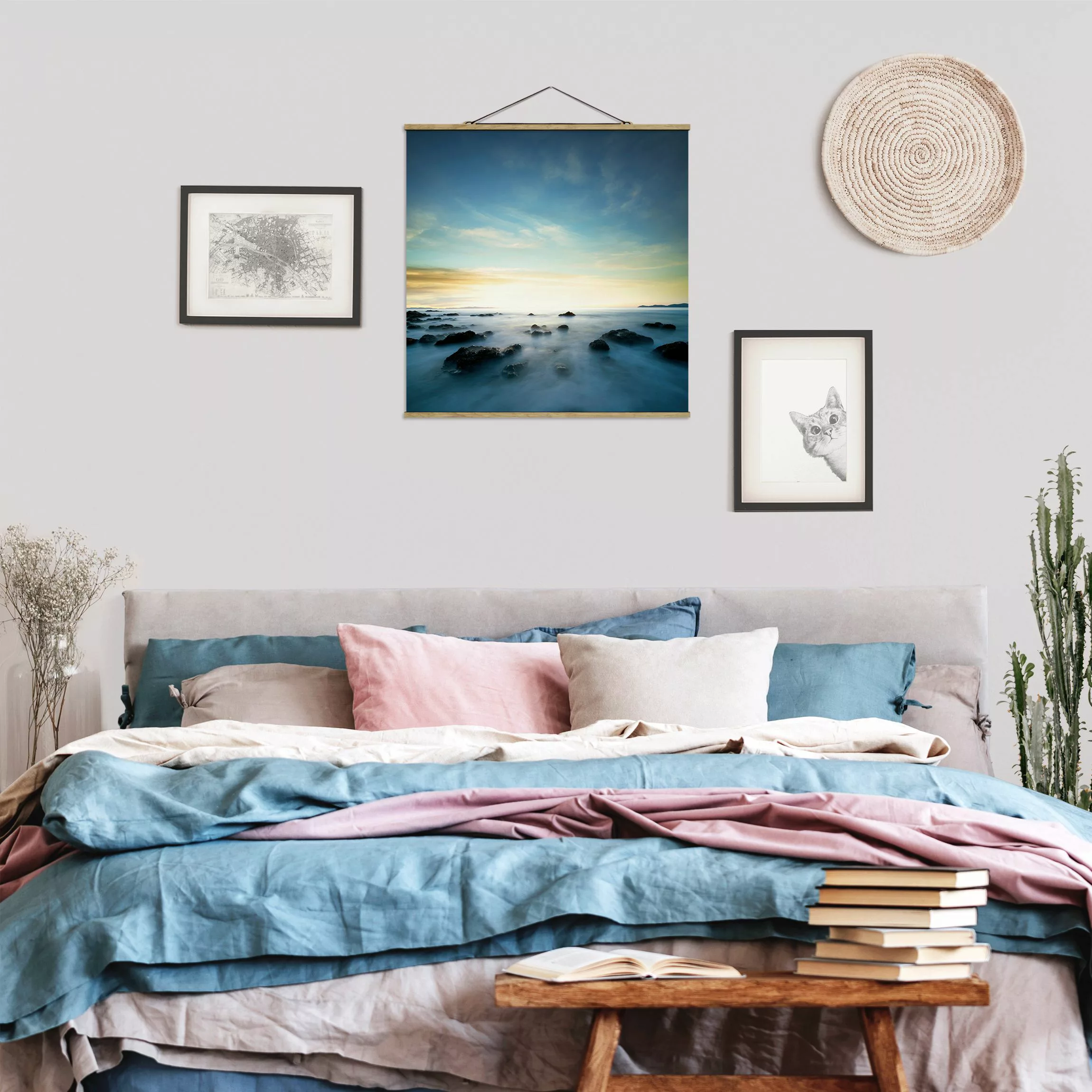 Stoffbild Landschaft mit Posterleisten - Quadrat Sonnenuntergang über dem O günstig online kaufen