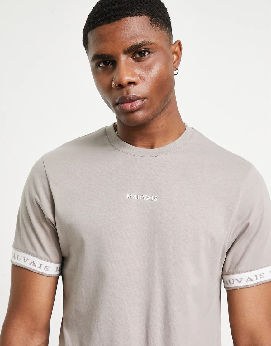 Mauvais – T-Shirt in Taupe mit Zierband am Ausschnitt-Grau günstig online kaufen