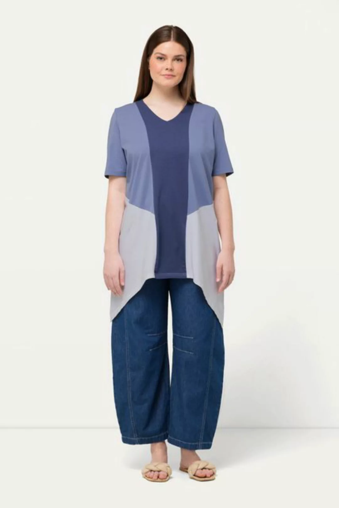 Ulla Popken Rundhalsshirt T-Shirt Zipfelsaum V-Ausschnitt Halbarm günstig online kaufen