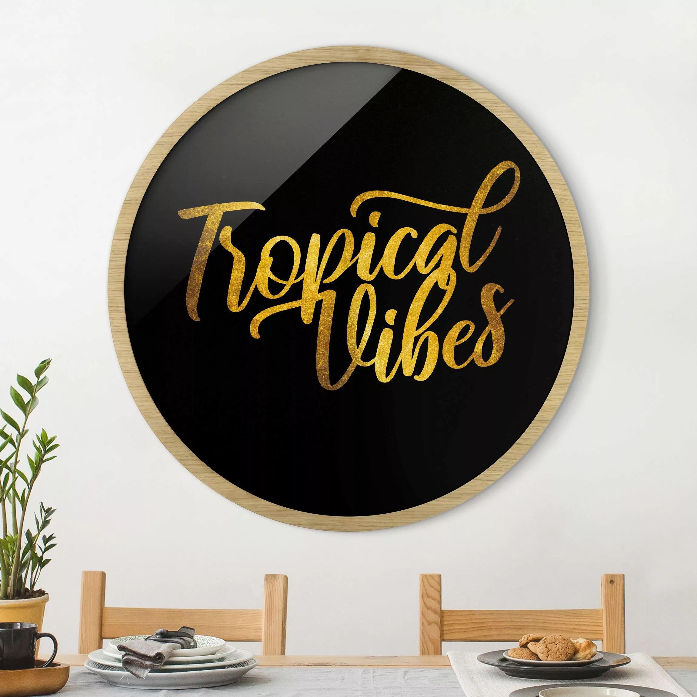 Rundes Gerahmtes Bild Gold - Tropical Vibes auf Schwarz günstig online kaufen