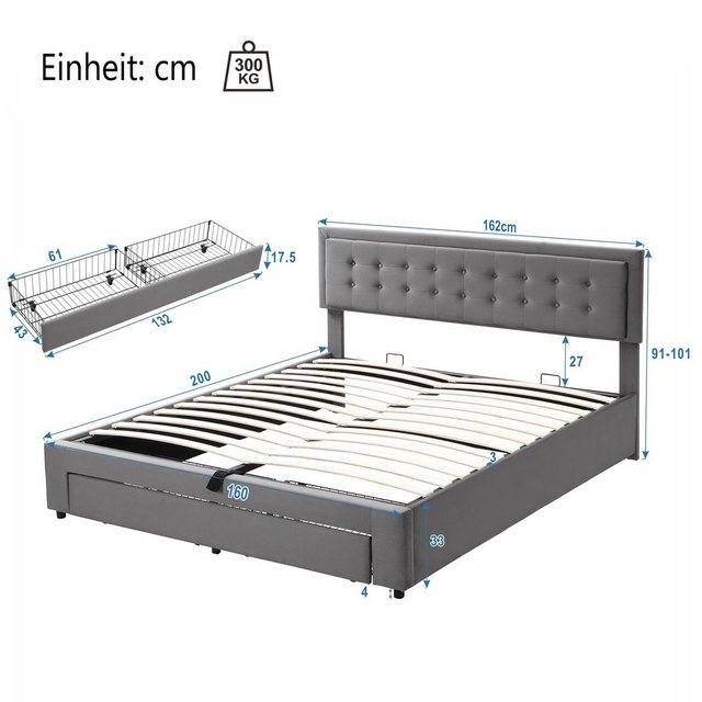 Celya Polsterbett Stauraumbett Bettgestell 160 x 200 cm mit Kasten und Schu günstig online kaufen