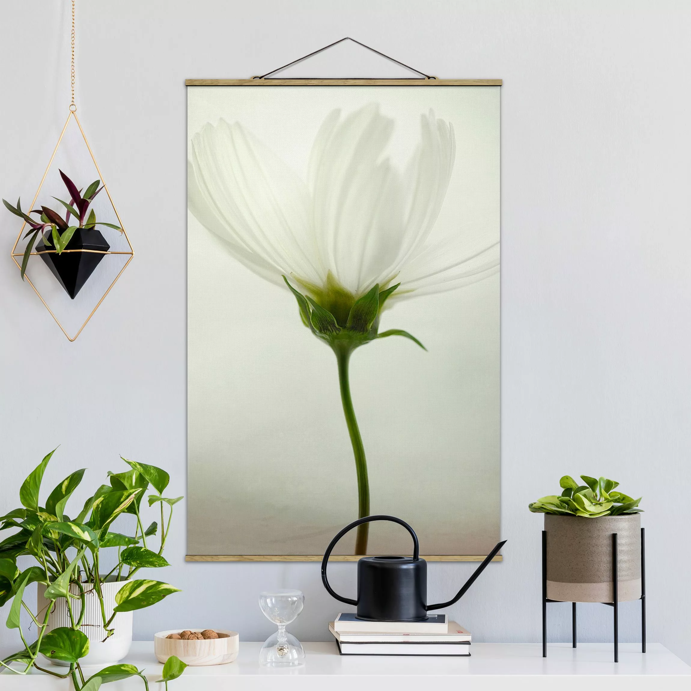 Stoffbild Blumen mit Posterleisten - Hochformat Weiße Cosmea günstig online kaufen