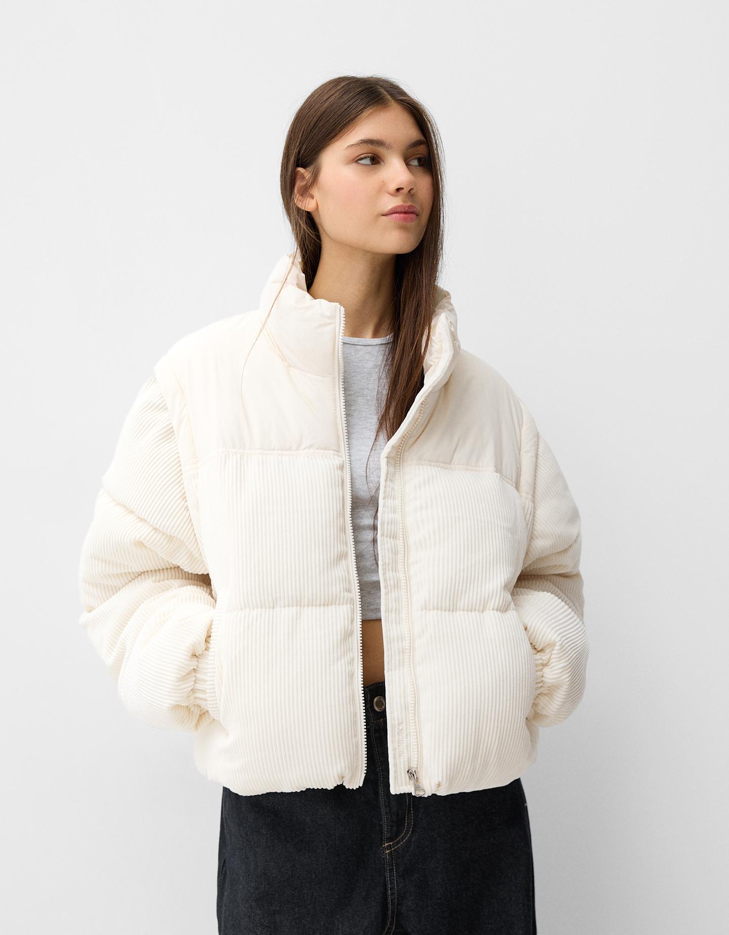 Bershka Abnehmbare Cord-Steppjacke Damen L Rohweiß günstig online kaufen