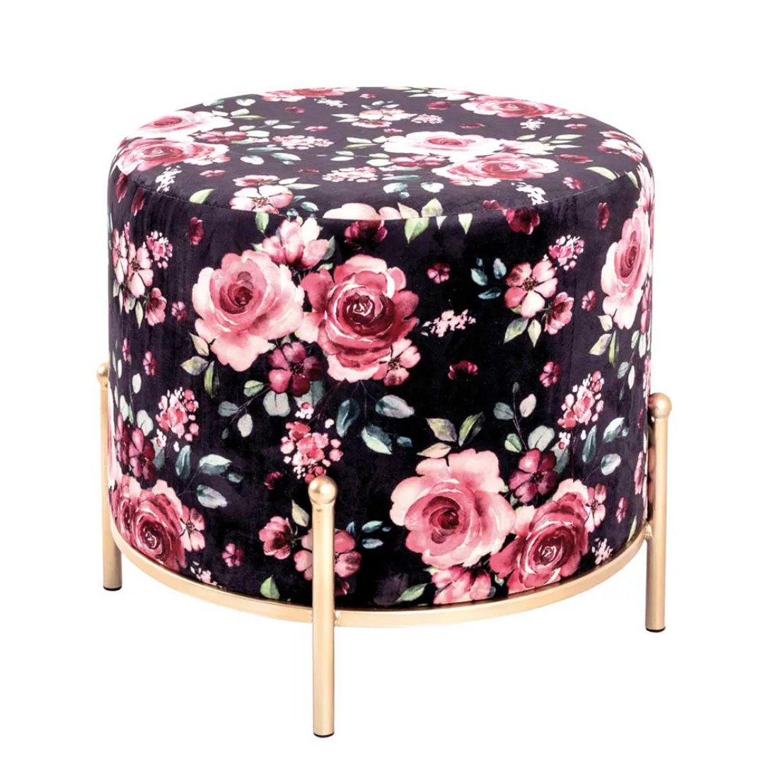 Sitzhocker in Schwarz und Bunt Samt mit Rosen Motiv günstig online kaufen