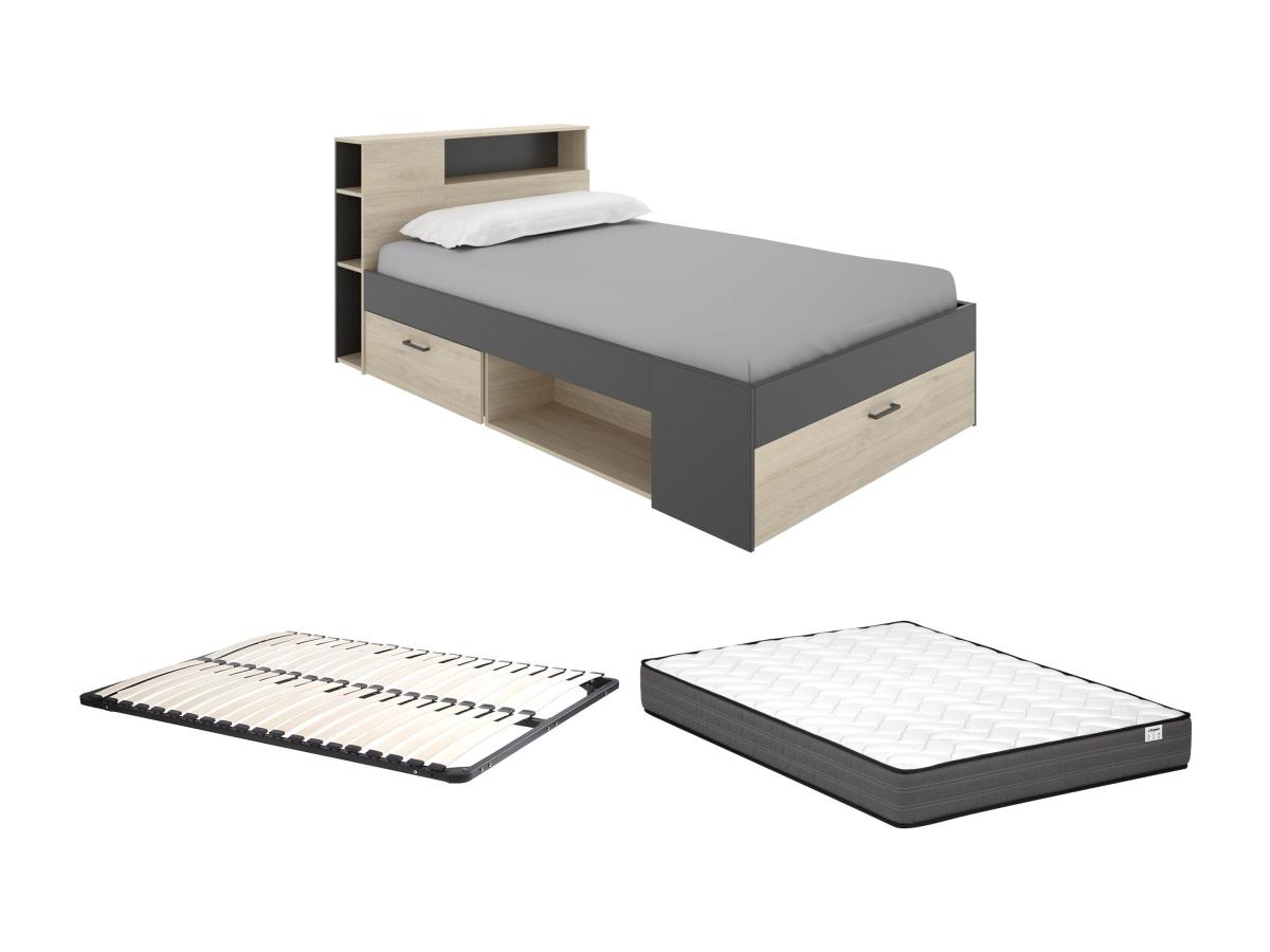 Bett mit Kopfteil, Stauraum & Schubladen - 120 x 190 cm - Holzfarben & Anth günstig online kaufen
