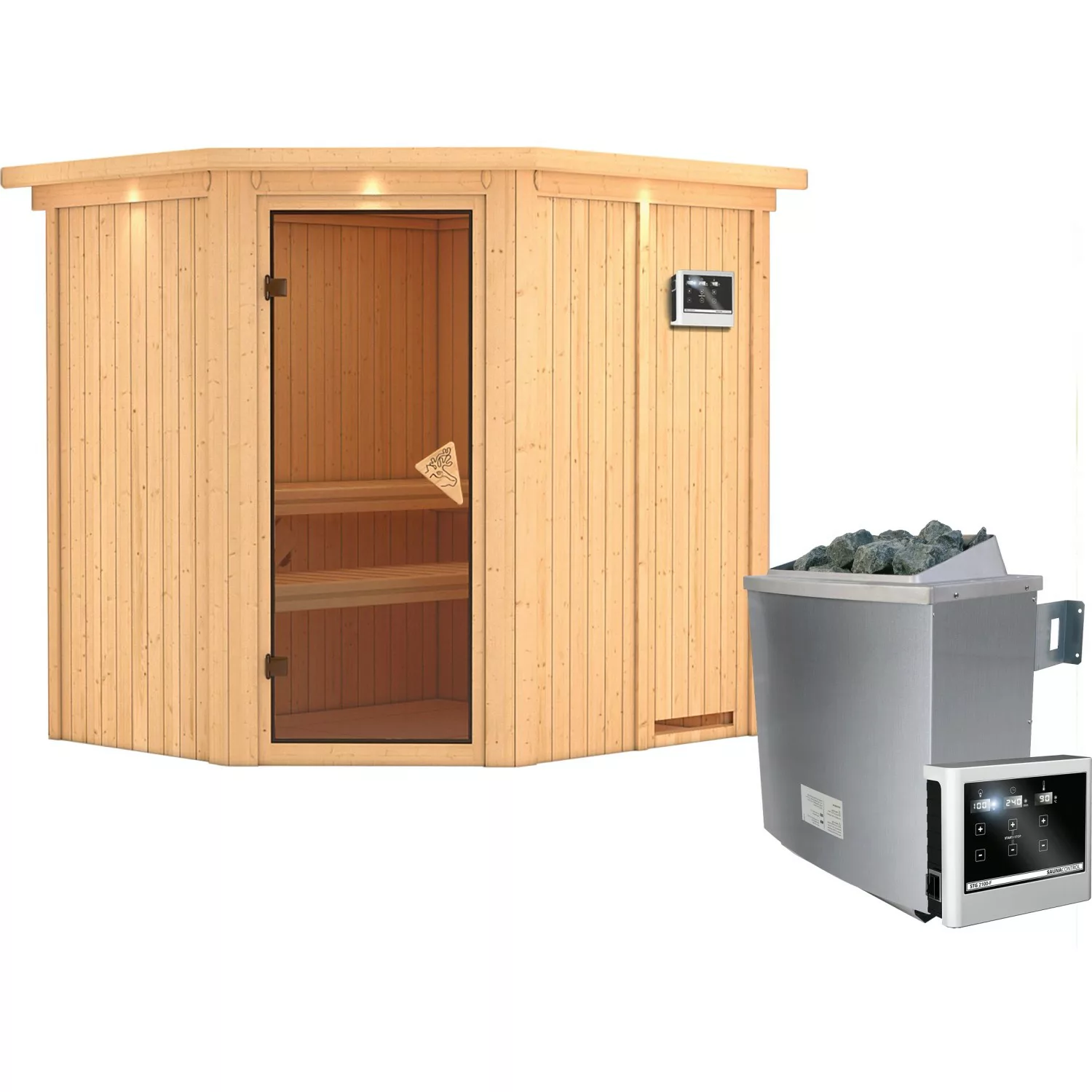 Karibu Sauna-Set Swenna inkl. Edelstahl-Ofen 9 kW mit ext. Steuerung, Dachk günstig online kaufen