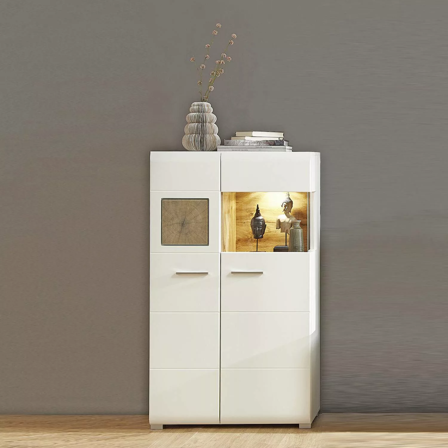 Lomadox Highboard Vitrine weiß FARO-36 mit Absetzungen in Eiche Hirnholz Nb günstig online kaufen