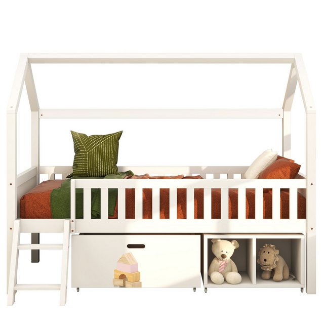 Ulife Kinderbett weißes Hausbett, Hochbett mit Treppe & Stauräume, 90*200 c günstig online kaufen