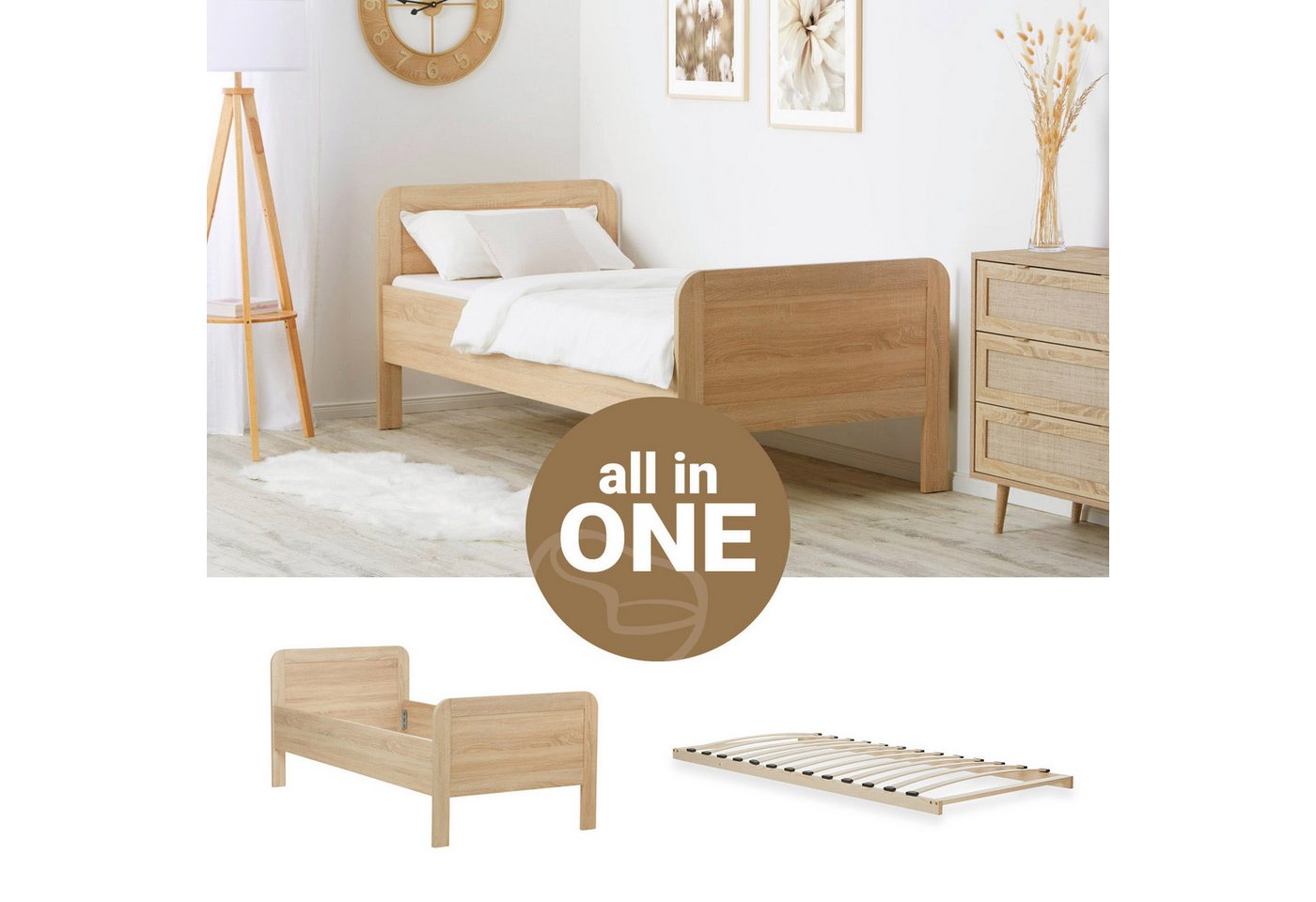 Homestyle4u Holzbett 90x200 Komfortbett mit Lattenrost Seniorenbett Eiche B günstig online kaufen