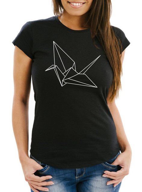MoonWorks Print-Shirt Damen T-Shirt Origami Kranich Crane Vogel Bird Slim F günstig online kaufen