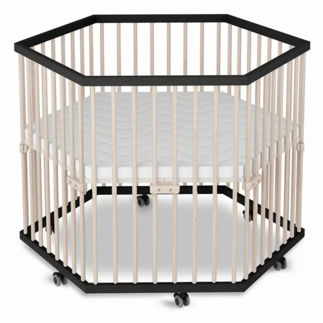 Sämann Babybett Laufgitter 6-eckig mit Matratze SleepPlus - schwarz/natur - günstig online kaufen