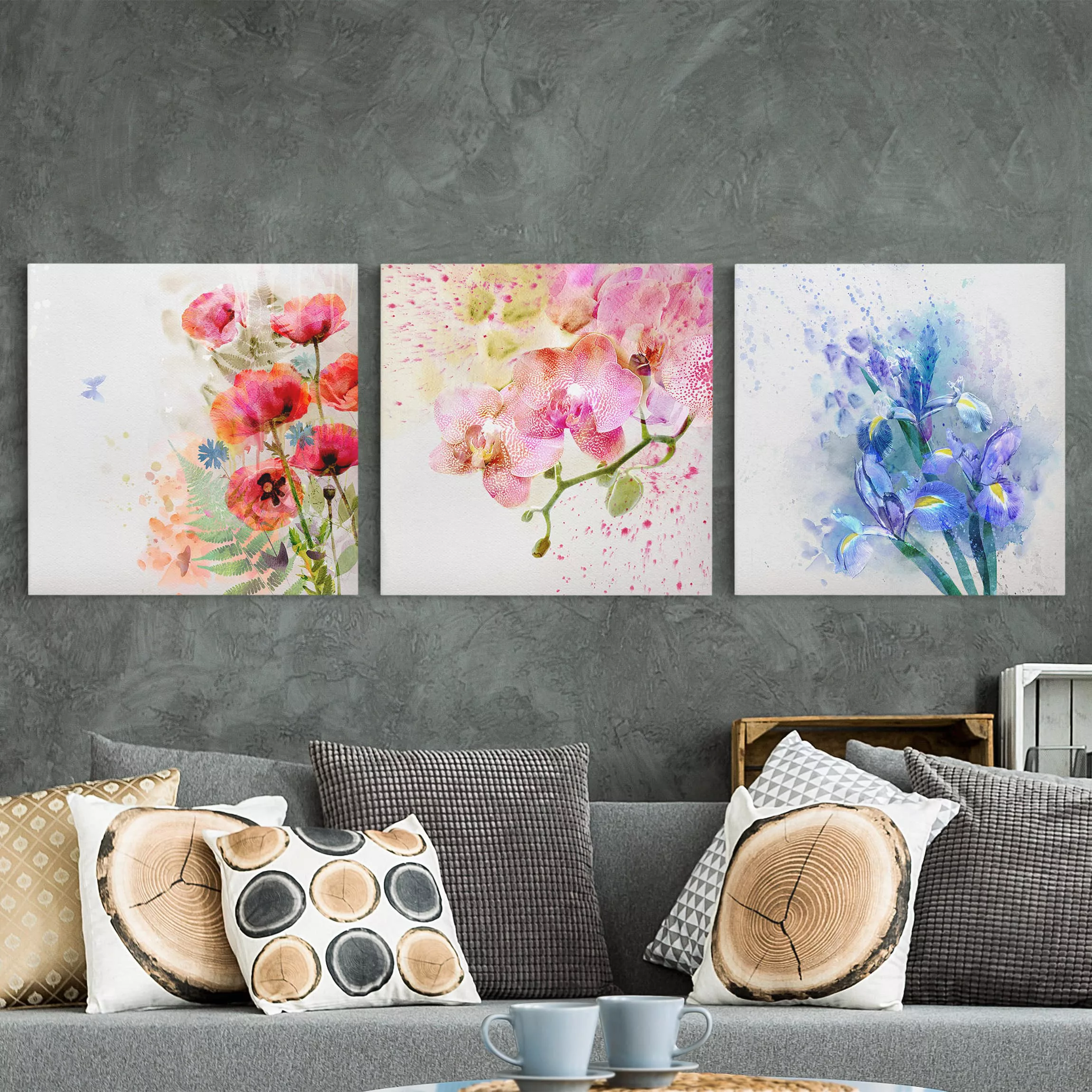 3-teiliges Leinwandbild Blumen - Quadrat Aquarell Blumen Trio günstig online kaufen