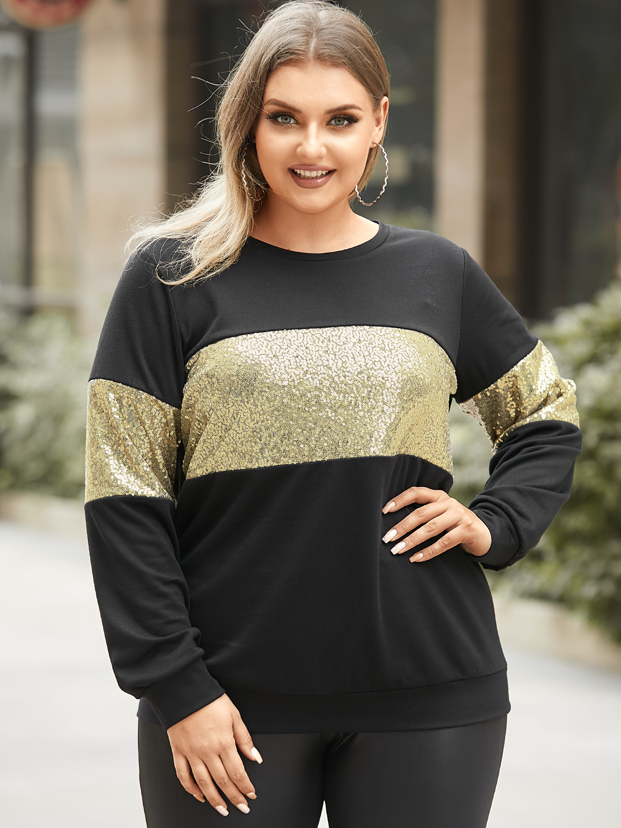 YOINS Plus Größe Rundhals-Sweatshirt mit Patchwork-Strick und langen Ärmeln günstig online kaufen