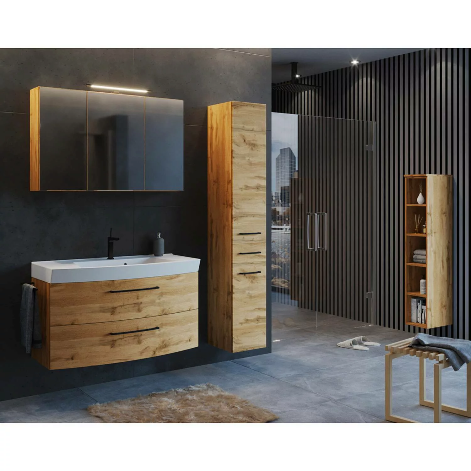 Badezimmer Set Industrial Style 100 cm Waschtisch und Hochschrank MORISSON- günstig online kaufen