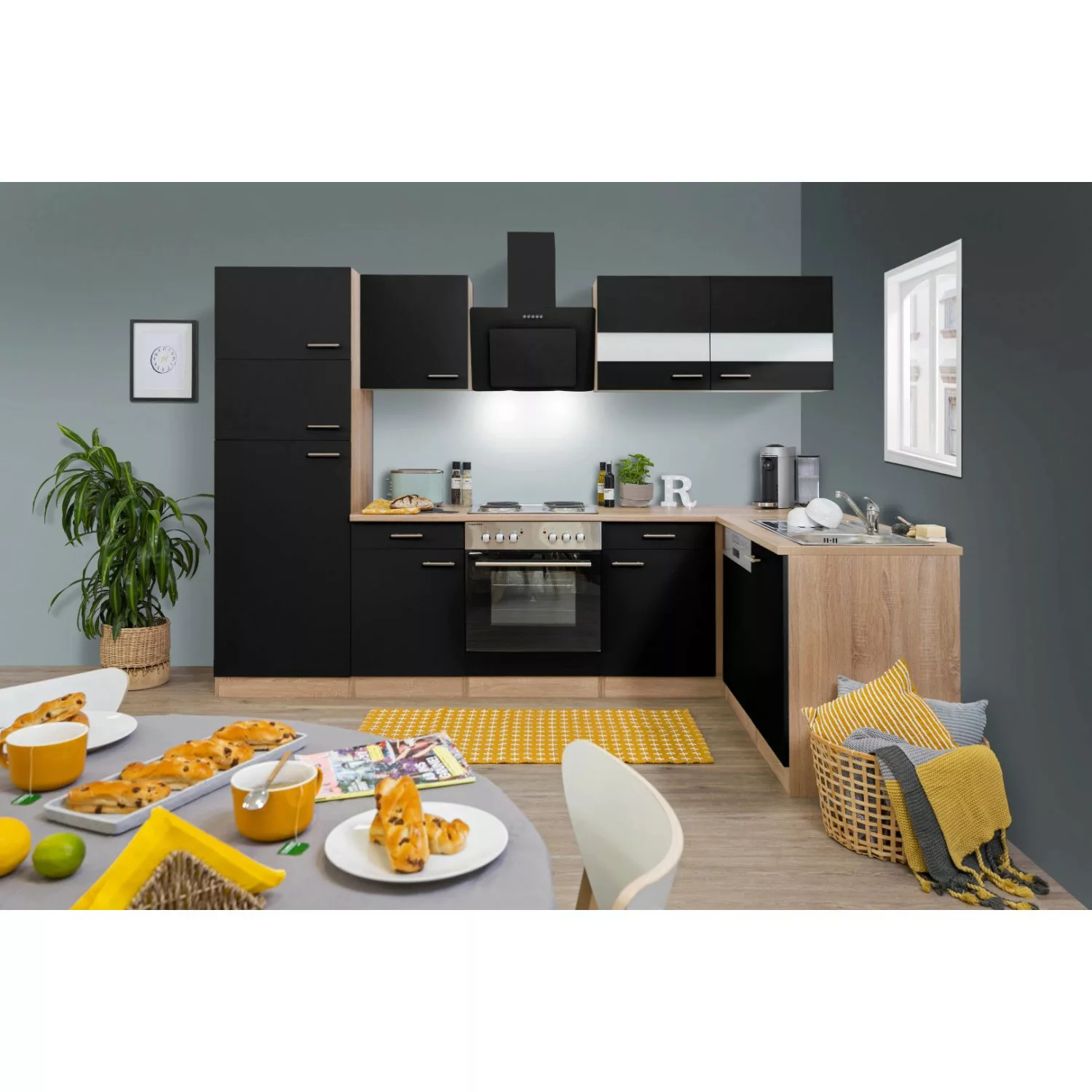 Respekta Winkelküche/L-Küche KBL280ESSS 280 cm Schwarz-Eiche Sonoma Sägerau günstig online kaufen