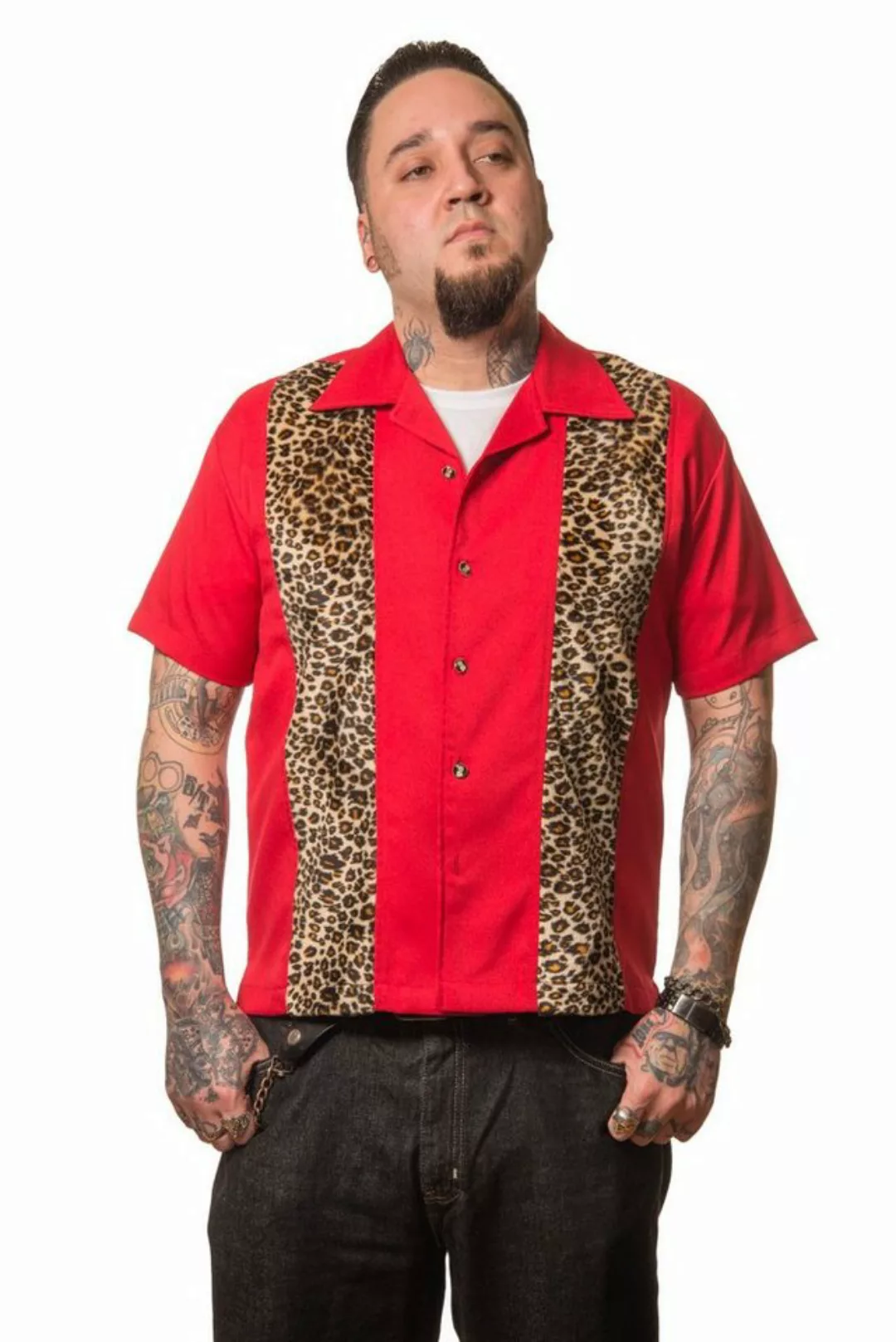 Steady Clothing Kurzarmhemd Leopard Muster Rot Retro Vintage Bowling Shirt günstig online kaufen