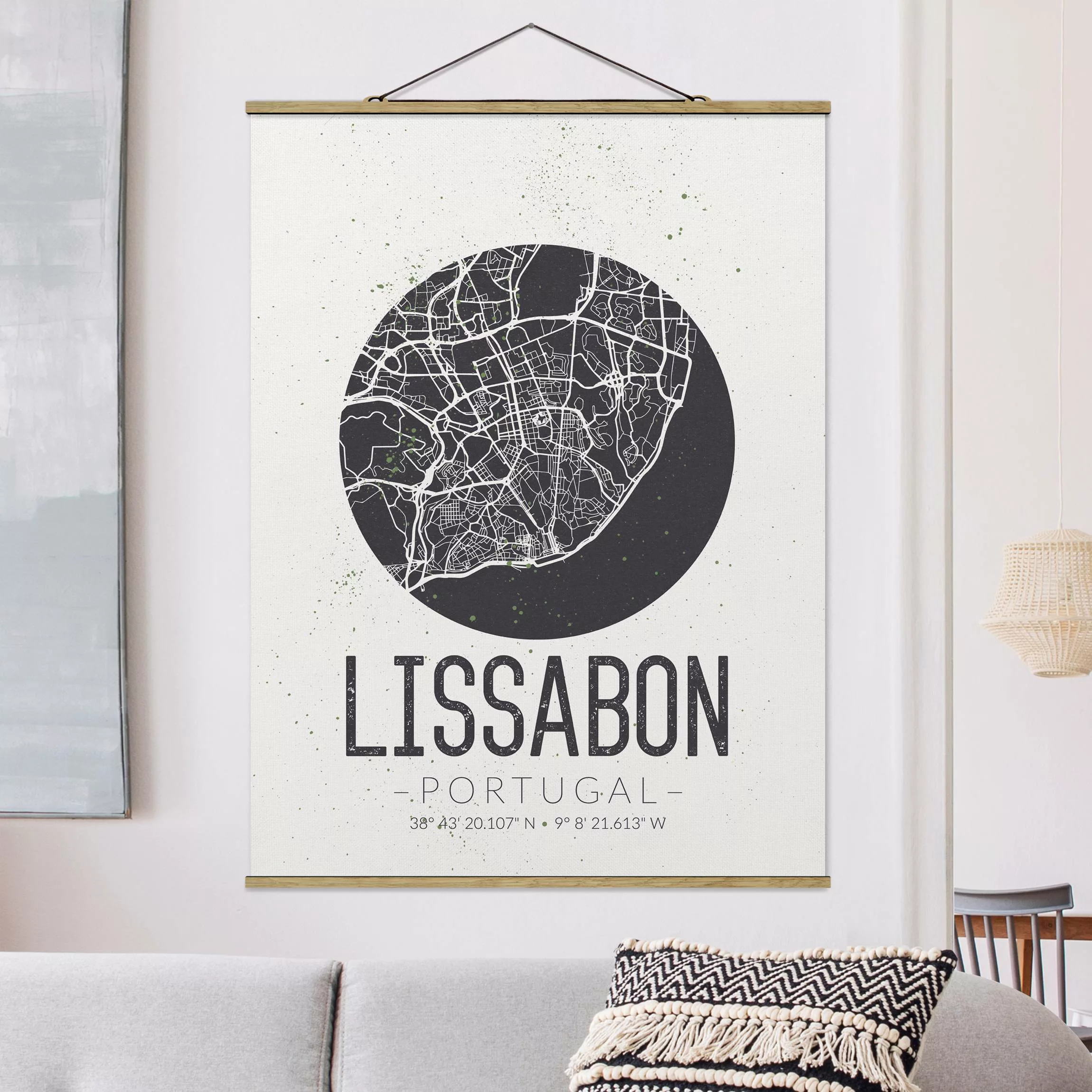 Stoffbild Karten mit Posterleisten - Hochformat Stadtplan Lissabon - Retro günstig online kaufen