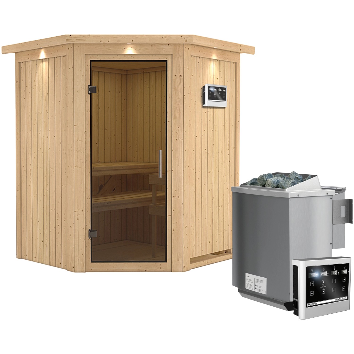 Karibu Sauna Lyra inkl. Bio-Ofen 9 kW mit ext. Steuerung, Dachkranz, Tür Gr günstig online kaufen
