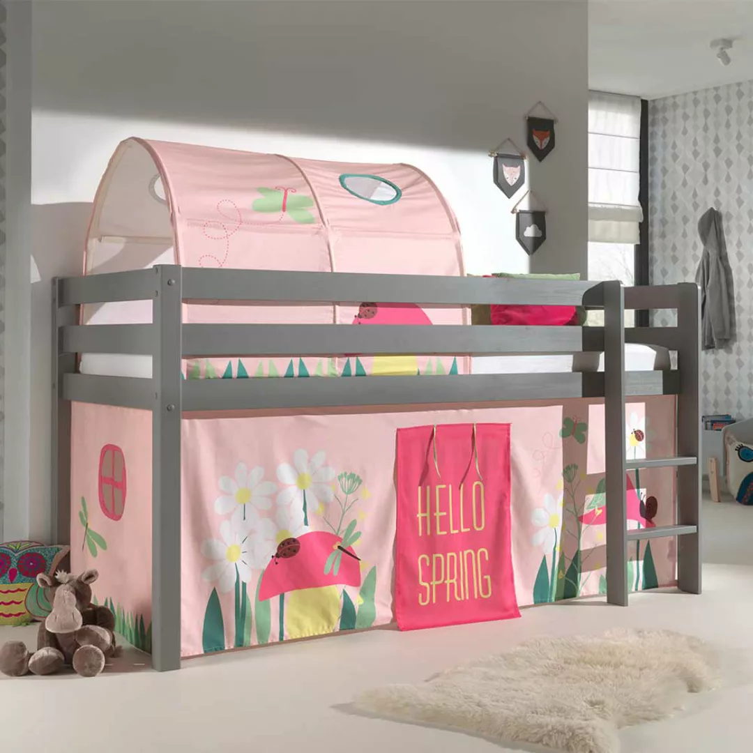 Mädchen Spielhochbett in Grau und Rosa Blumen Motiv günstig online kaufen