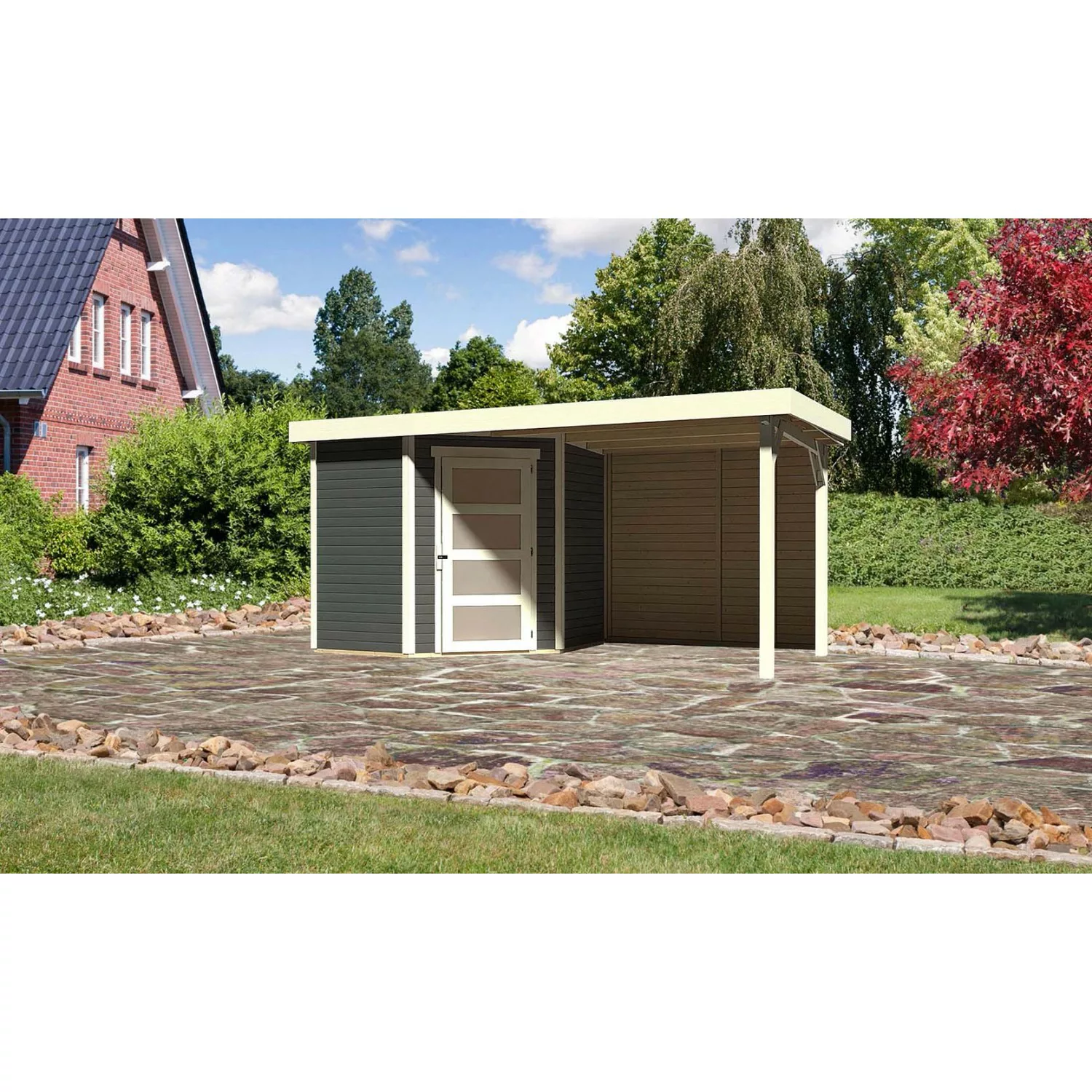 Karibu Holz-Gartenhaus Linköbing Terragrau Flachdach Lackiert 209 cm x 213 günstig online kaufen
