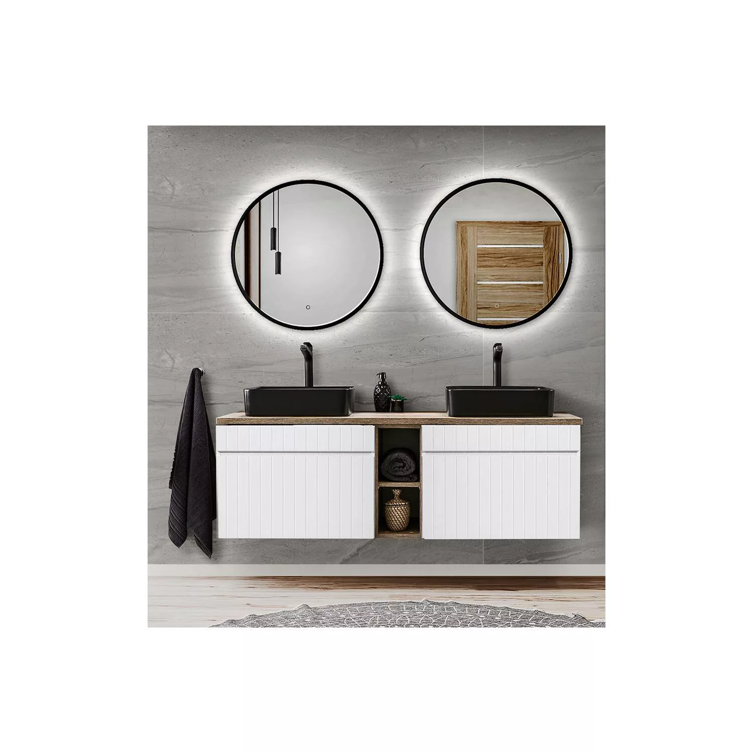 Badmöbel Set in weiß matt mit Vintage Eiche Nb. IRAKLIO-56 Waschtisch mit 2 günstig online kaufen