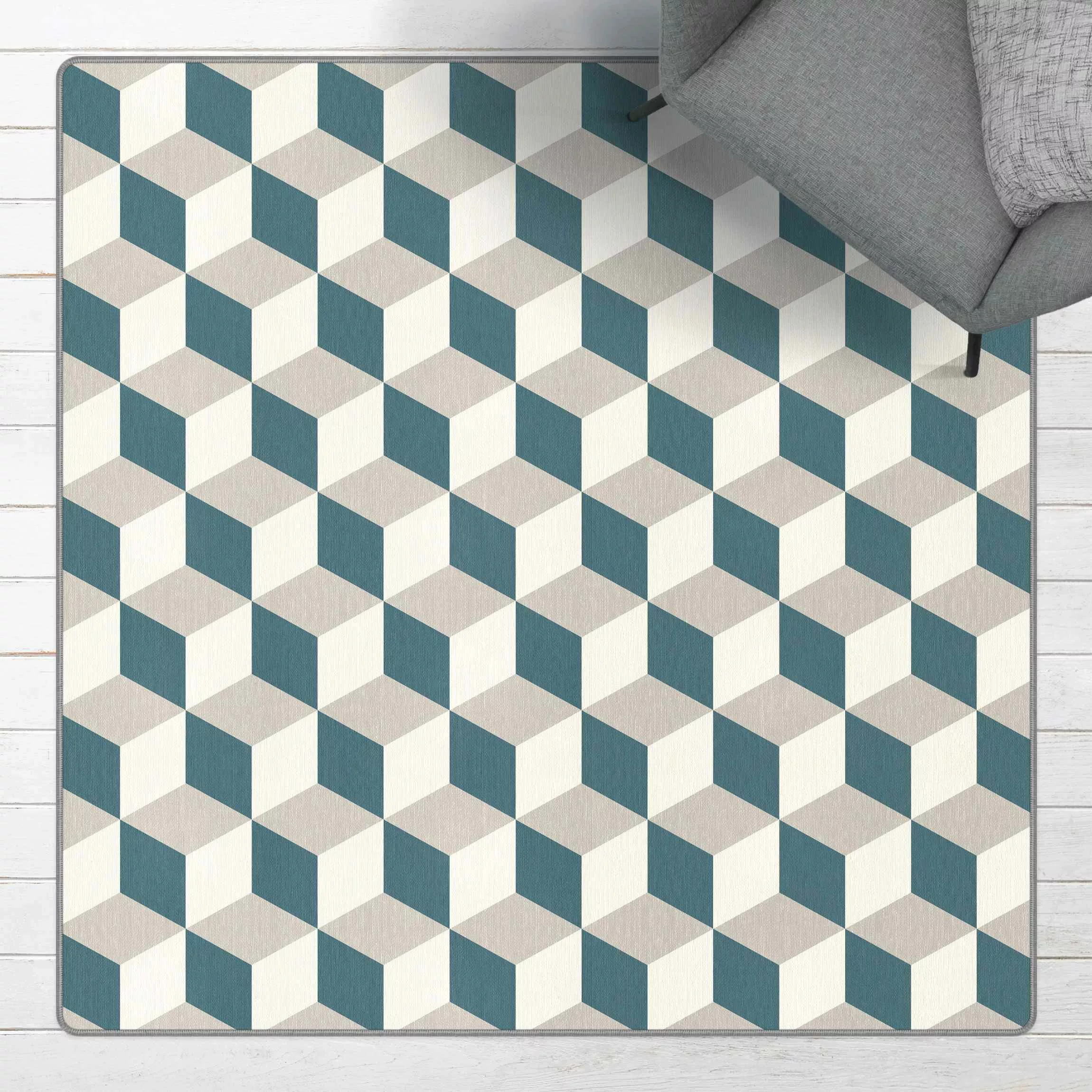 Teppich Geometrischer Fliesenmix Würfel Blaugrau günstig online kaufen