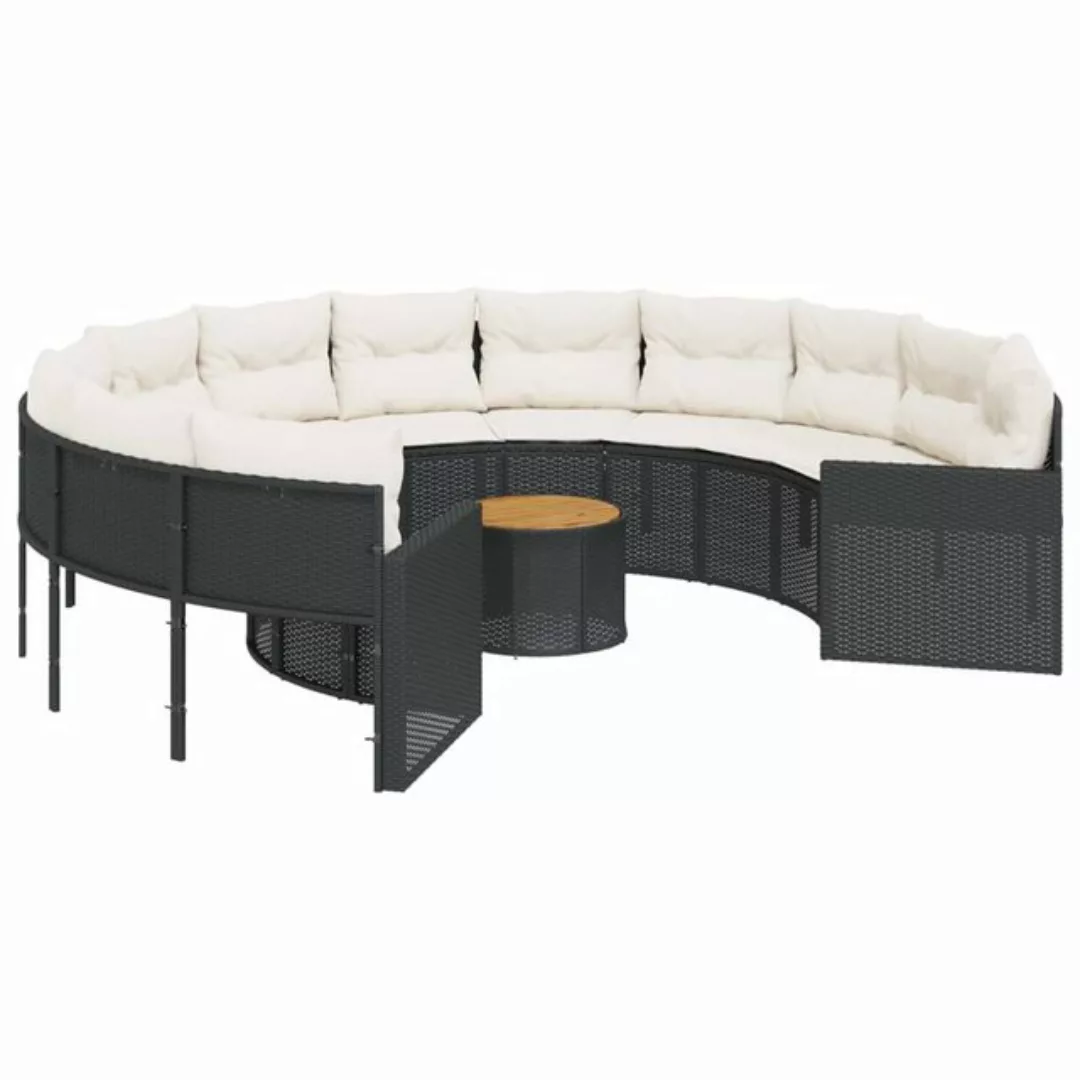 vidaXL Loungesofa Gartensofa mit Tisch und Kissen Rund Schwarz Poly-Rattan, günstig online kaufen