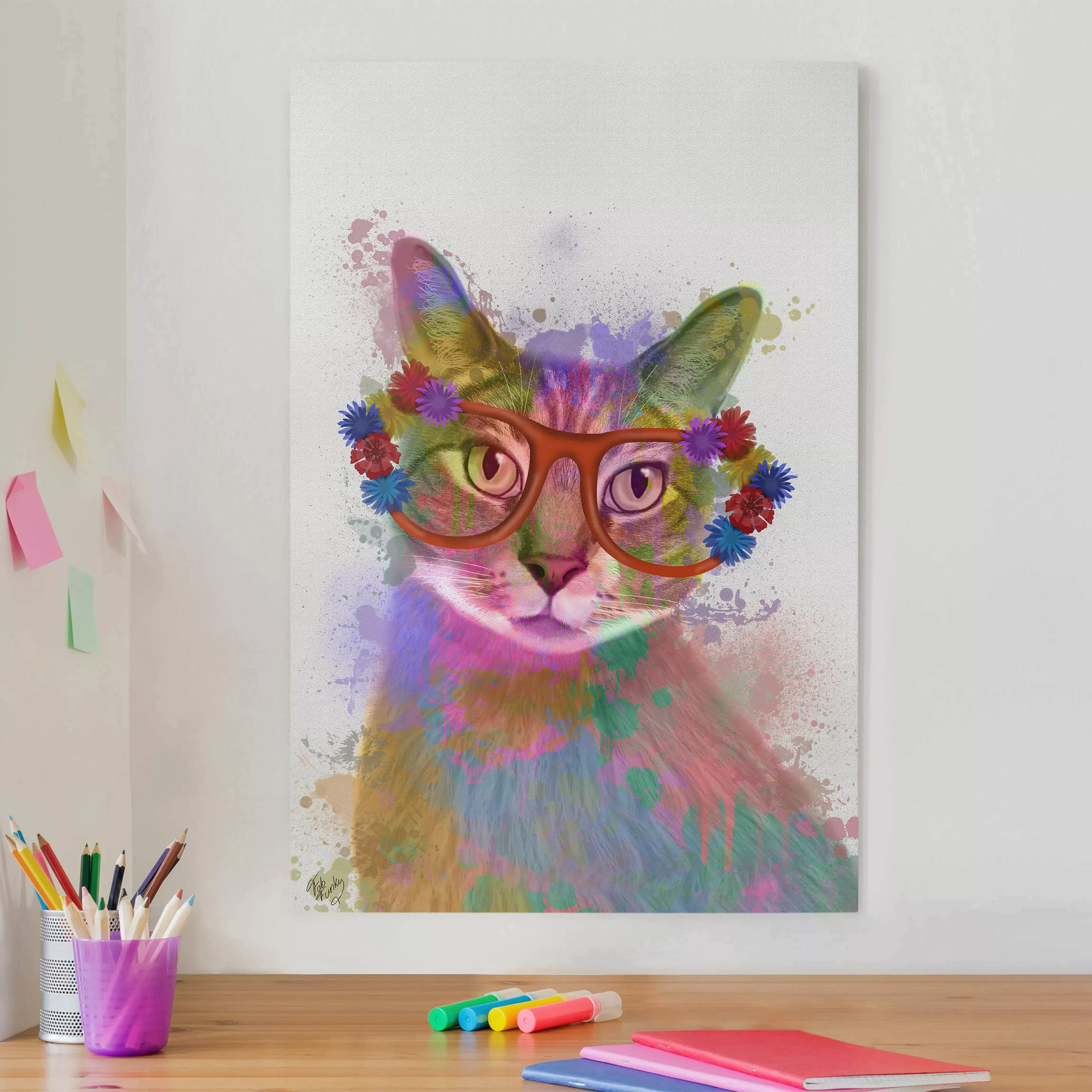 Leinwandbild Kinderzimmer - Hochformat Regenbogen Splash Katze günstig online kaufen