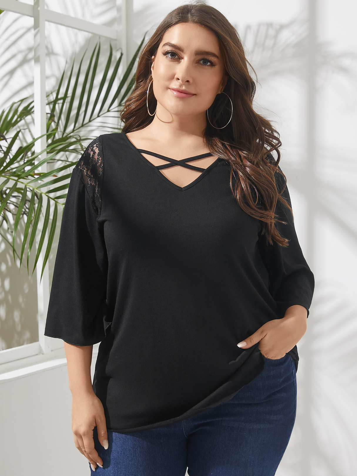 Plus Size V-Ausschnitt Criss-Cross 3/4 Länge Ärmel T-Shirt günstig online kaufen