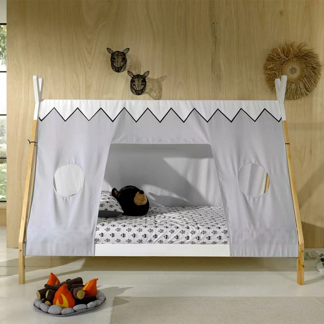 Kinder Zeltbett mit Vorhang Weiß & Kieferfarben günstig online kaufen