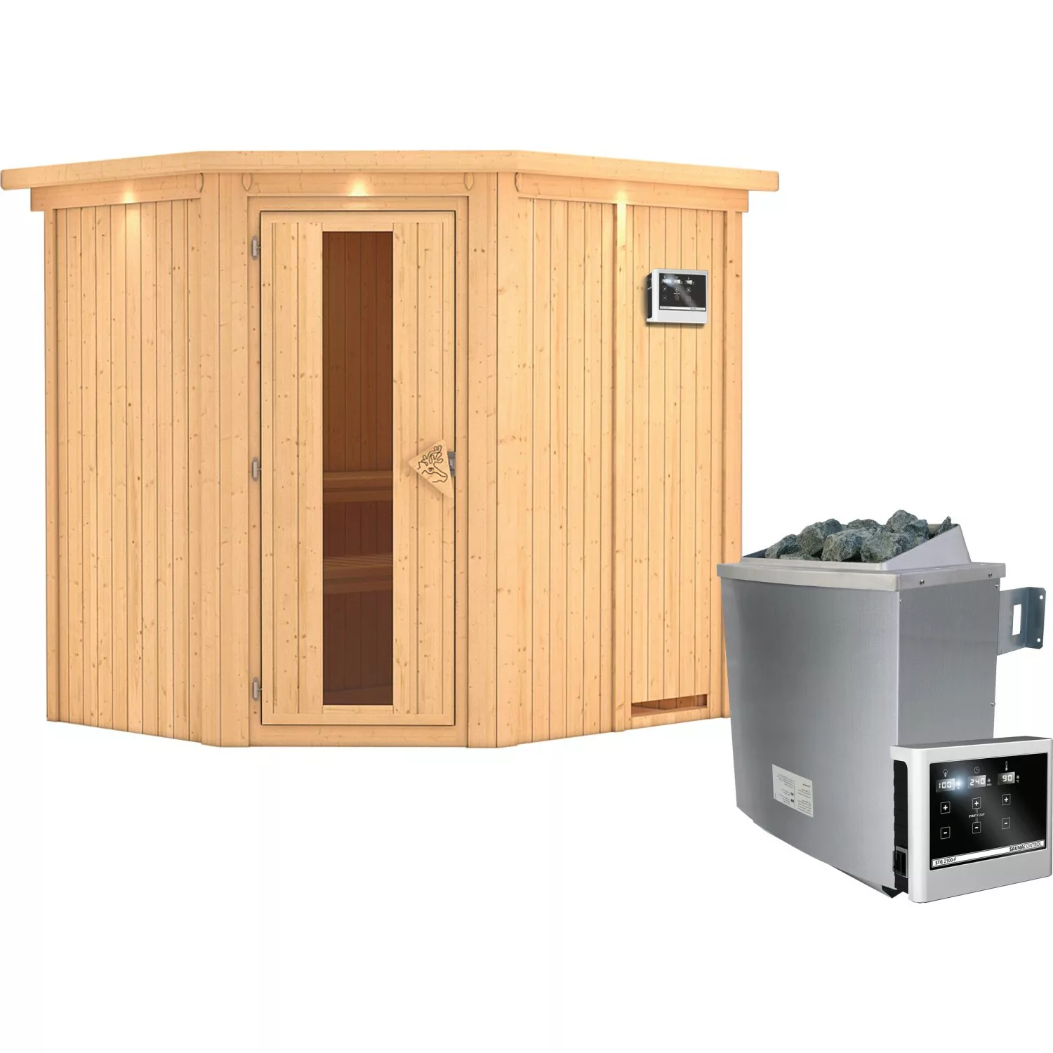 Karibu Sauna Swenna inkl. Ofen 9 kW mit ext. Strg., Dachkranz, Energiespart günstig online kaufen