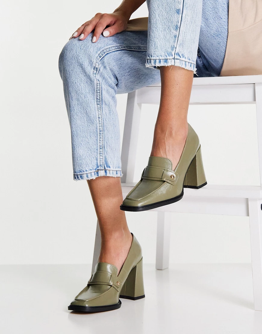 ASOS DESIGN – Pixie – Loafer in Salbeigrün mit Absatz und eckiger Zehenpart günstig online kaufen