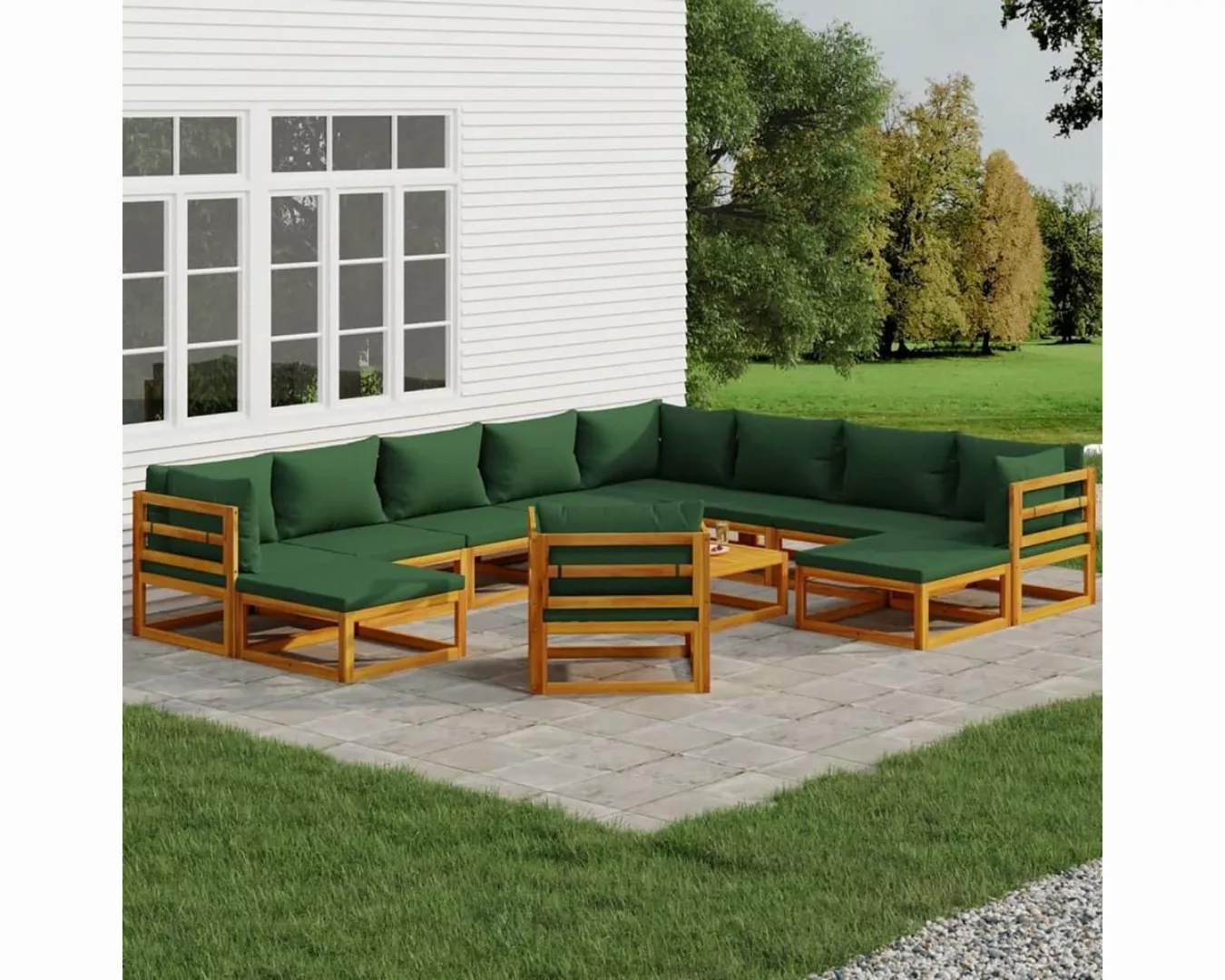DOTMALL Big-Sofa 12-teiliges Garten-Lounge-Set mit grünen Kissen aus Massiv günstig online kaufen