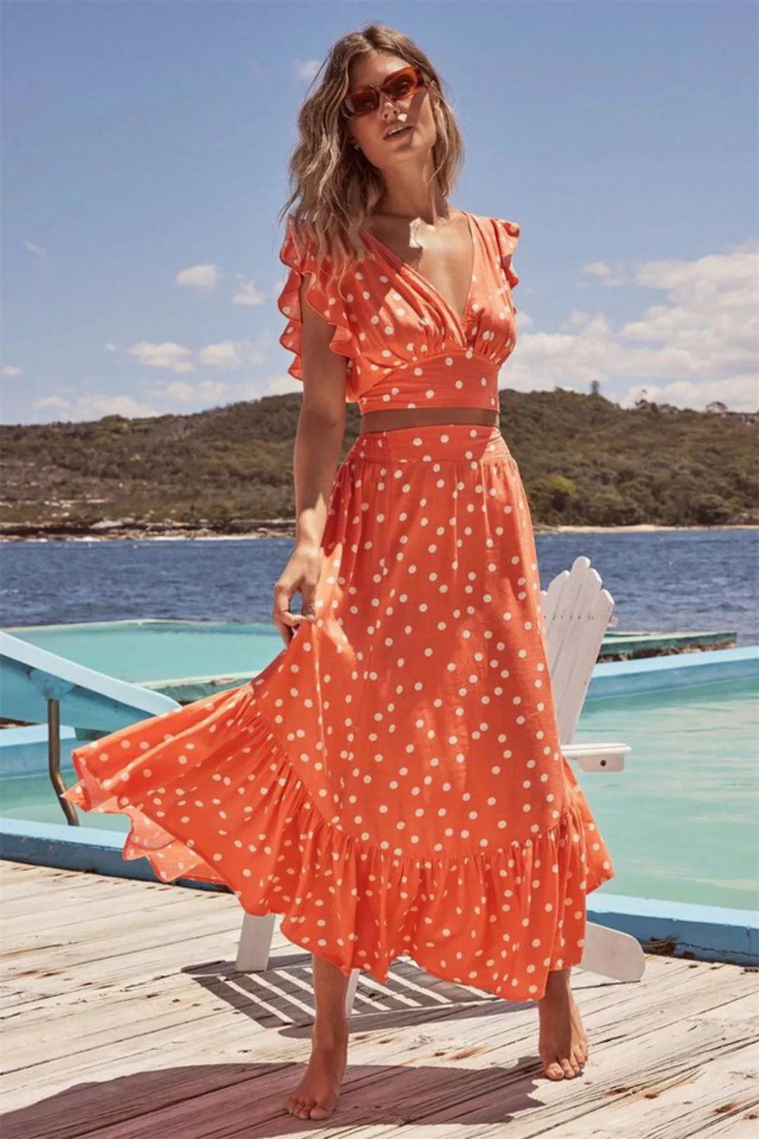 RUZU UG Dirndl Sommer Sexy Bedrucktes Kleid V-Ausschnitt Lotusärmel Taille günstig online kaufen