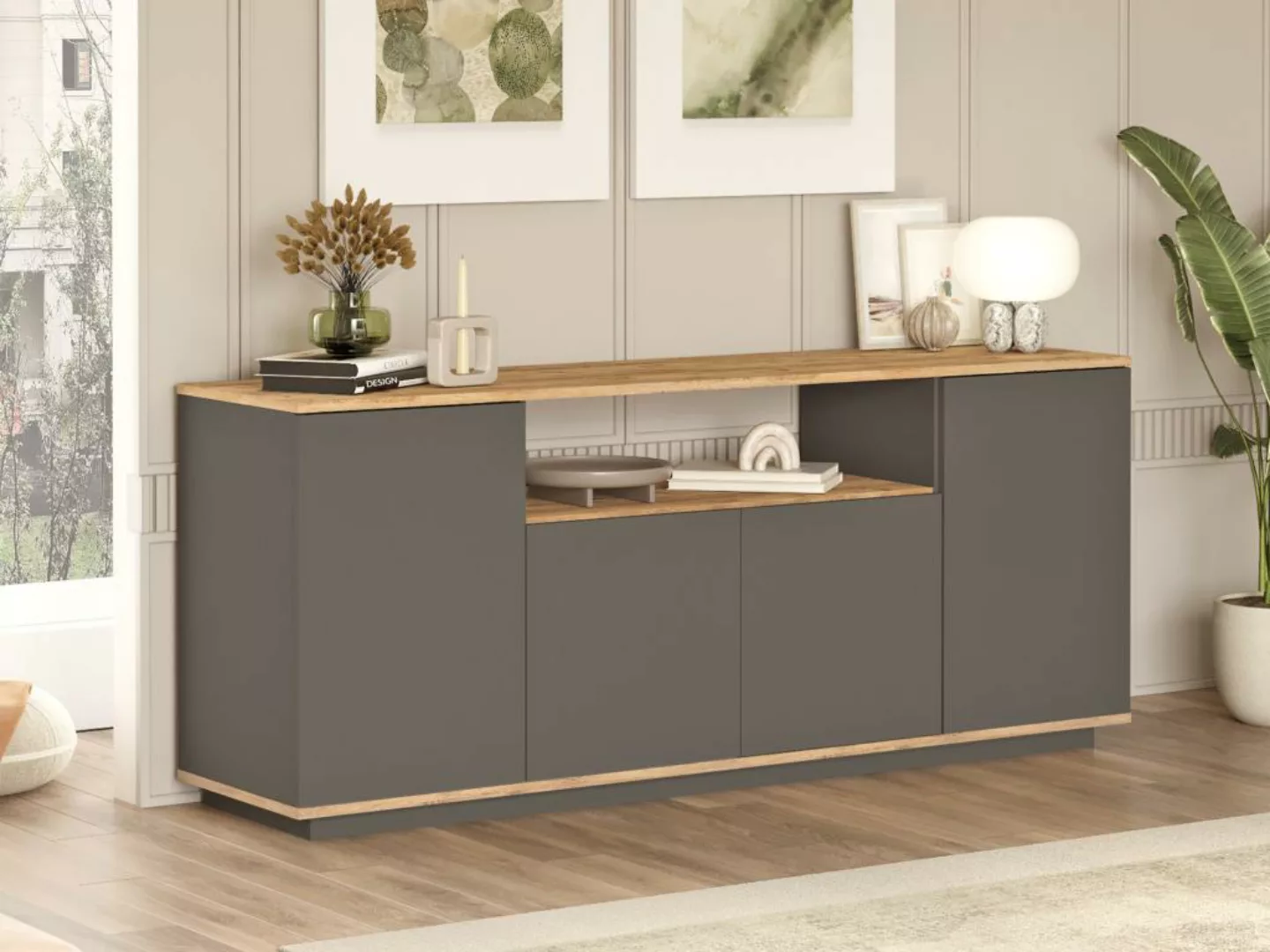 Sideboard mit 4 Türen & 1 Regal - Anthrazit & Holzfarben - LOTULA günstig online kaufen