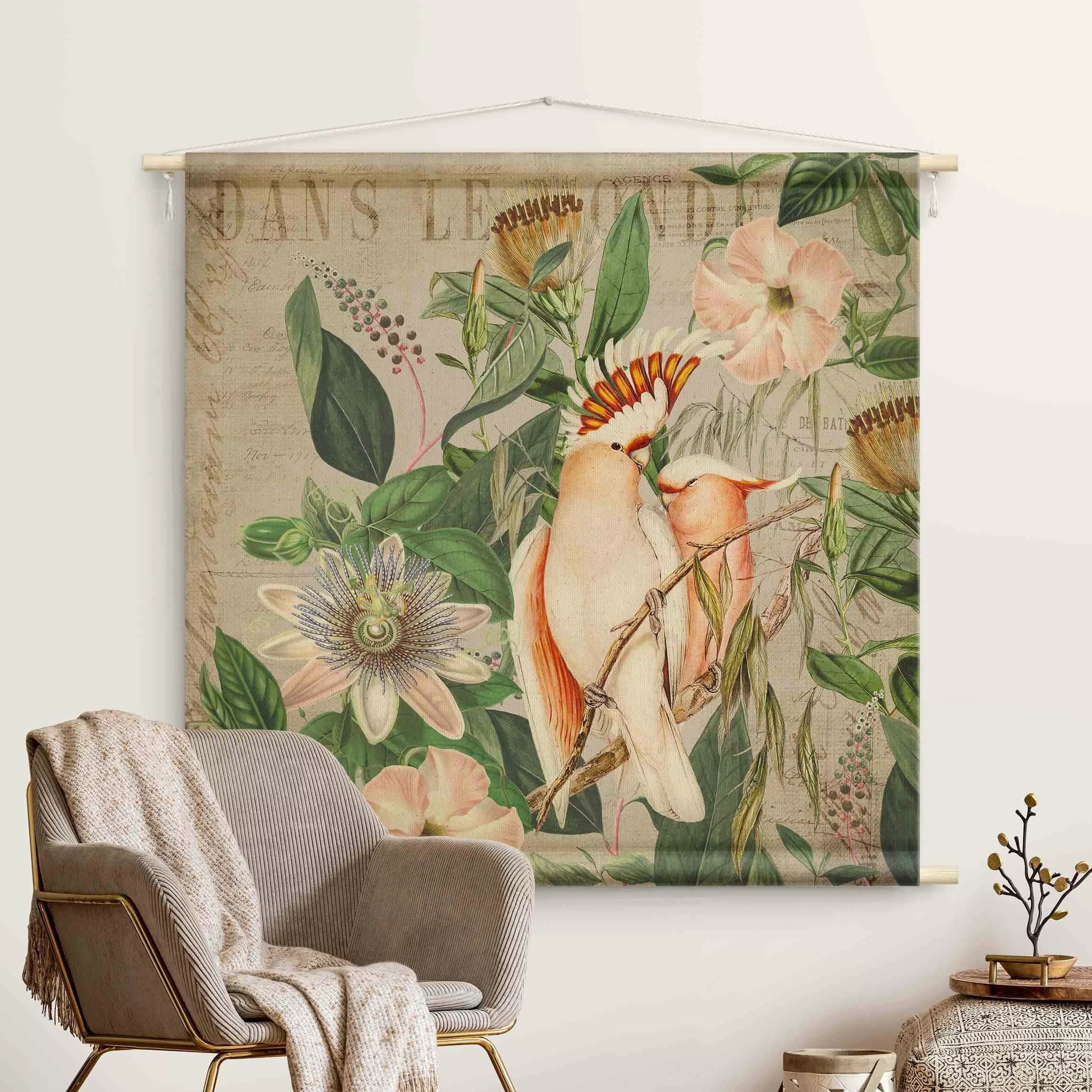 Wandteppich Colonial Style Collage - Rosa Kakadu günstig online kaufen