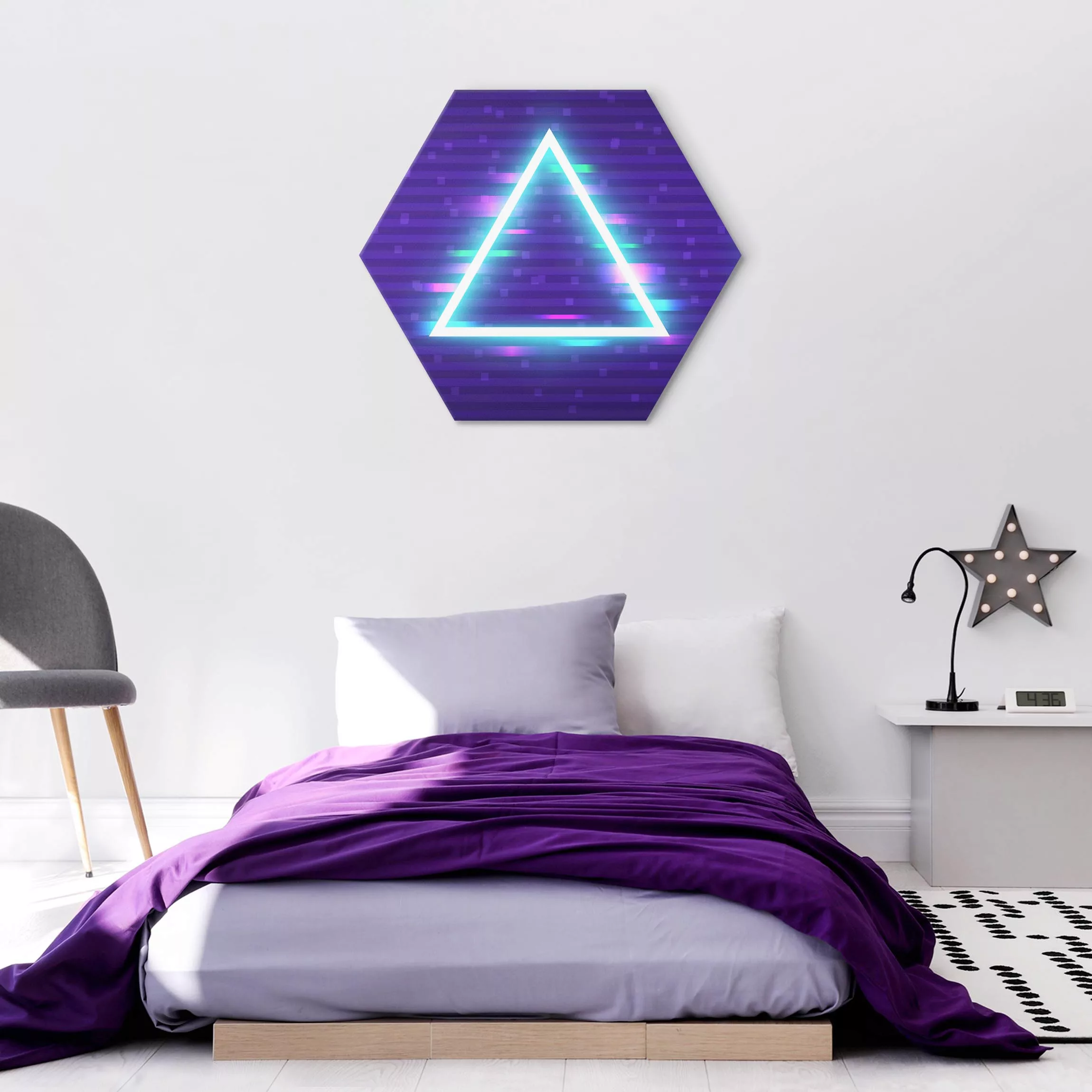 Hexagon-Alu-Dibond Bild Geometrisches Dreieck in Neonfarben günstig online kaufen