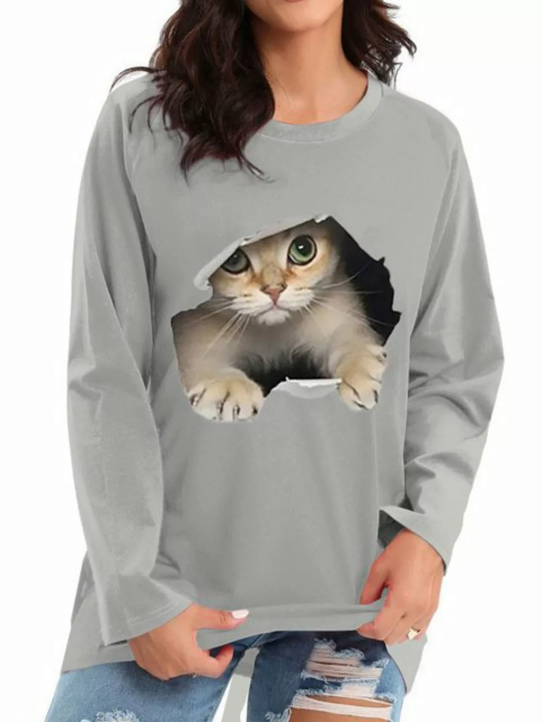 ZWY T-Shirt Damen Langarm Oberteil 3D Katze Drucken T-Shirt Lässig Pullover günstig online kaufen