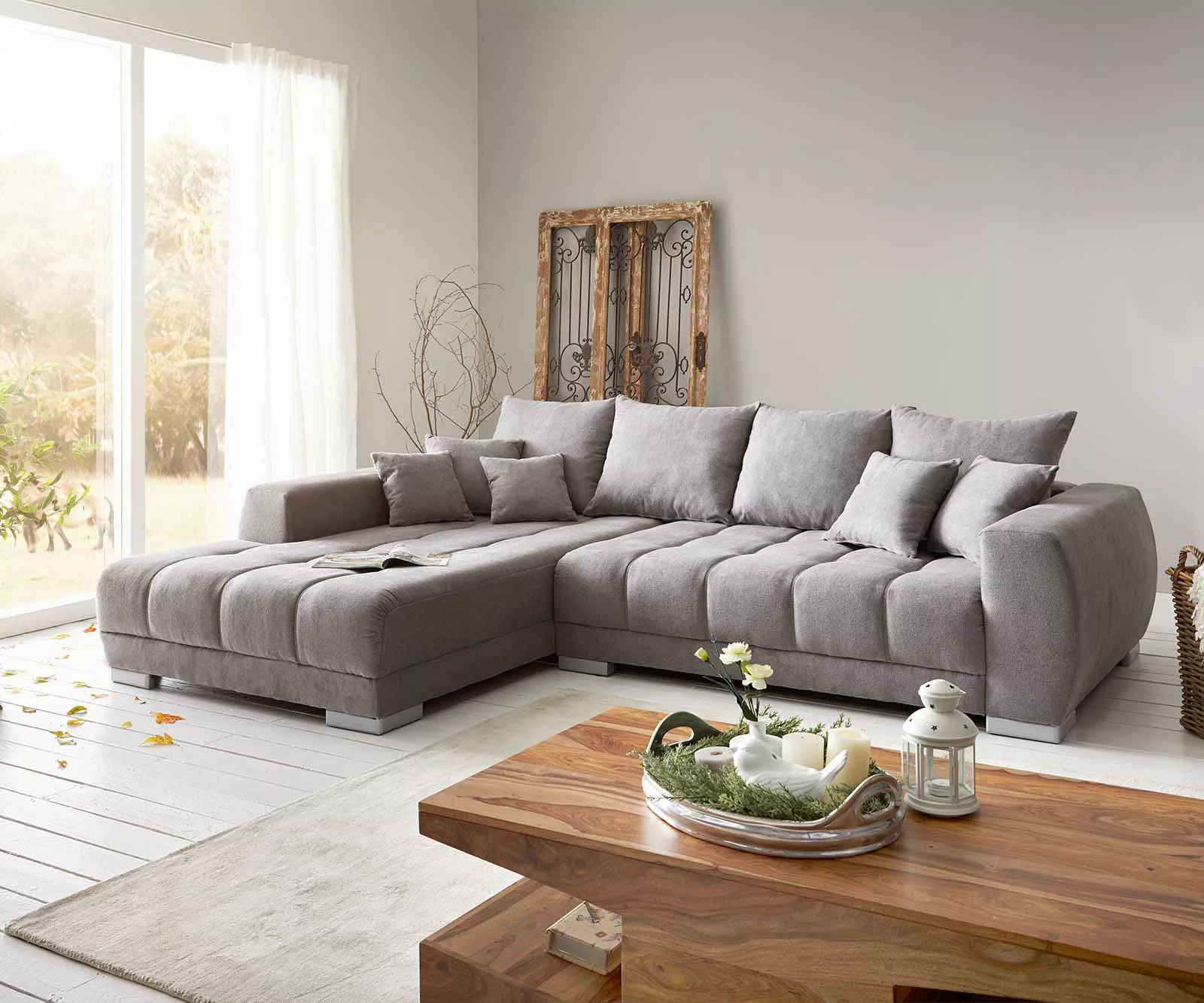 Ecksofa Josea 300x220 cm Mikrofaser Steingrau Recamiere links günstig online kaufen